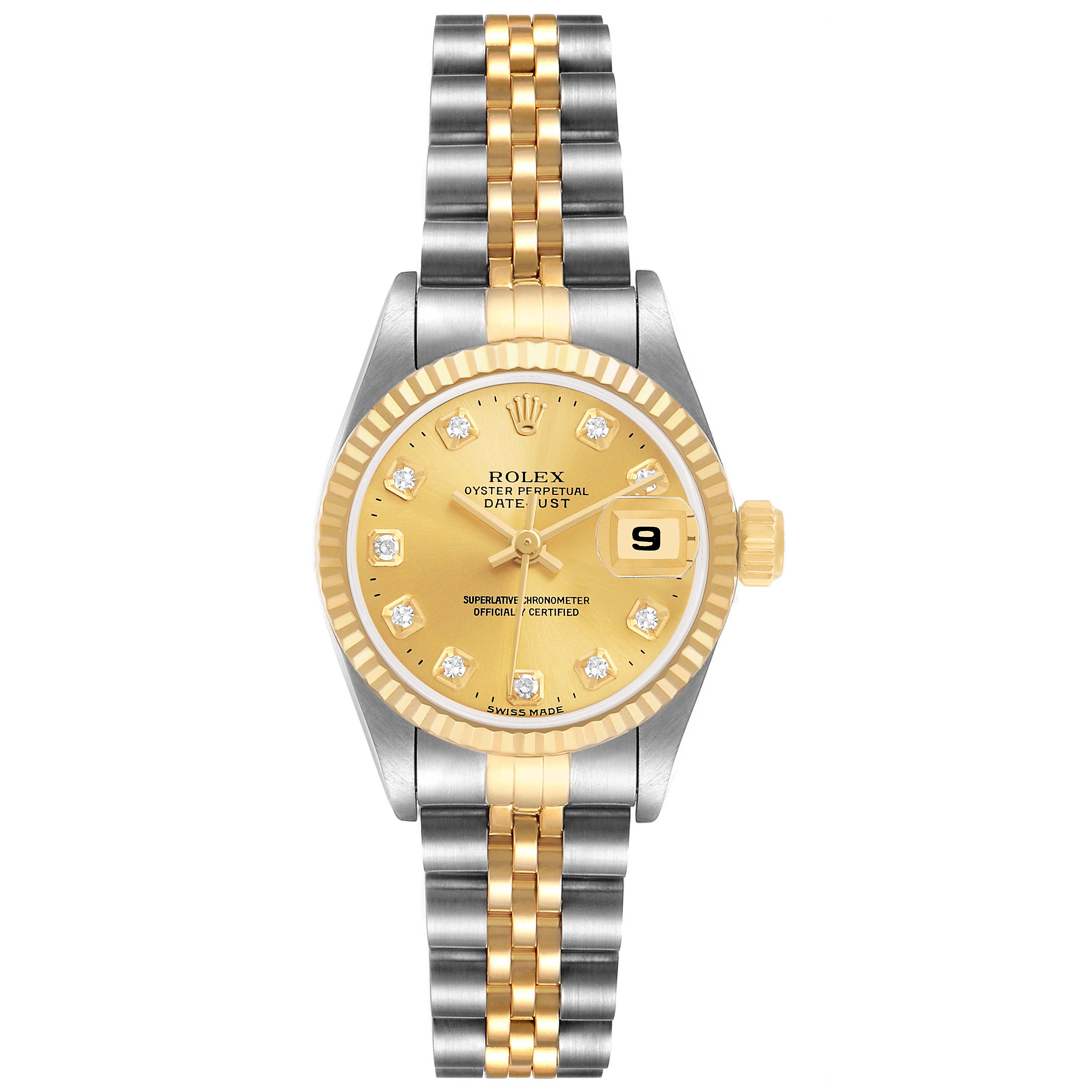 The Rolex Datejust 69173 Women's Steel and Gold (two tone) Champagne Dial watch is shown from a front angle, displaying its face, bezel, bracelet, and crown.
