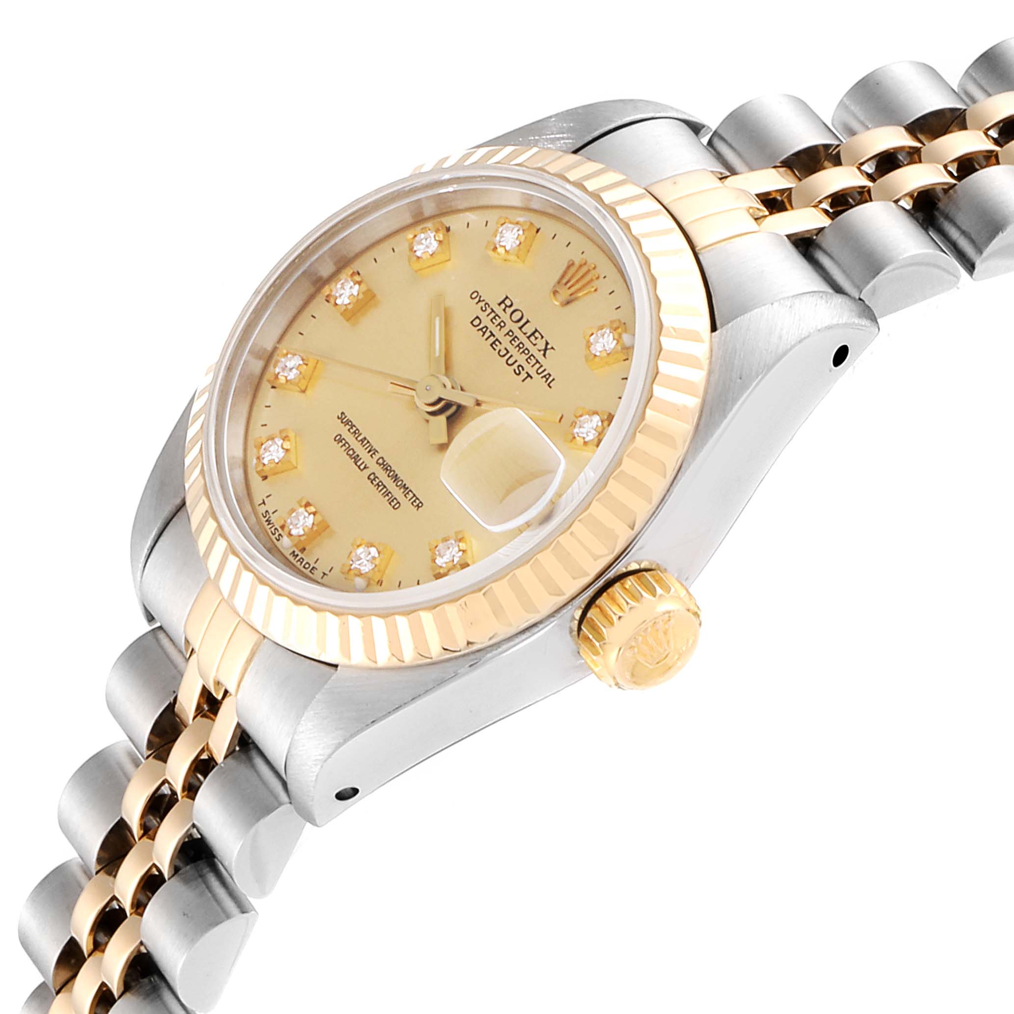 The image shows a side view of a Rolex Datejust 69173 Women's Stainless Steel Champagne Dial 69173 Women's Stainless Steel Champagne Dial watch, highlighting the gold bezel, crown, and part of the bracelet with links.