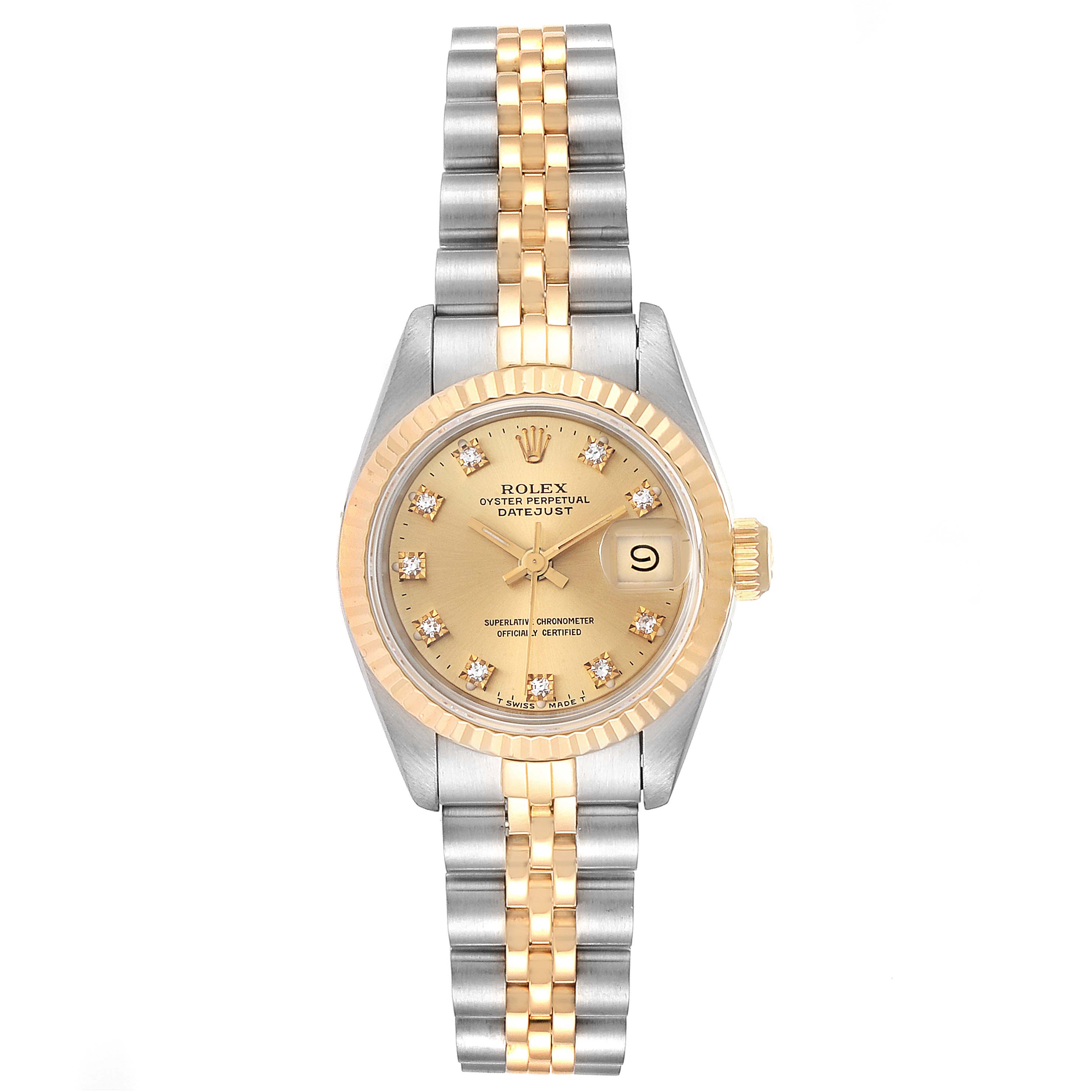 The image shows a front view of a Rolex Datejust 69173 Women's Stainless Steel Champagne Dial 69173 Women's Stainless Steel Champagne Dial watch, highlighting the dial, bezel, and two-tone Jubilee bracelet.