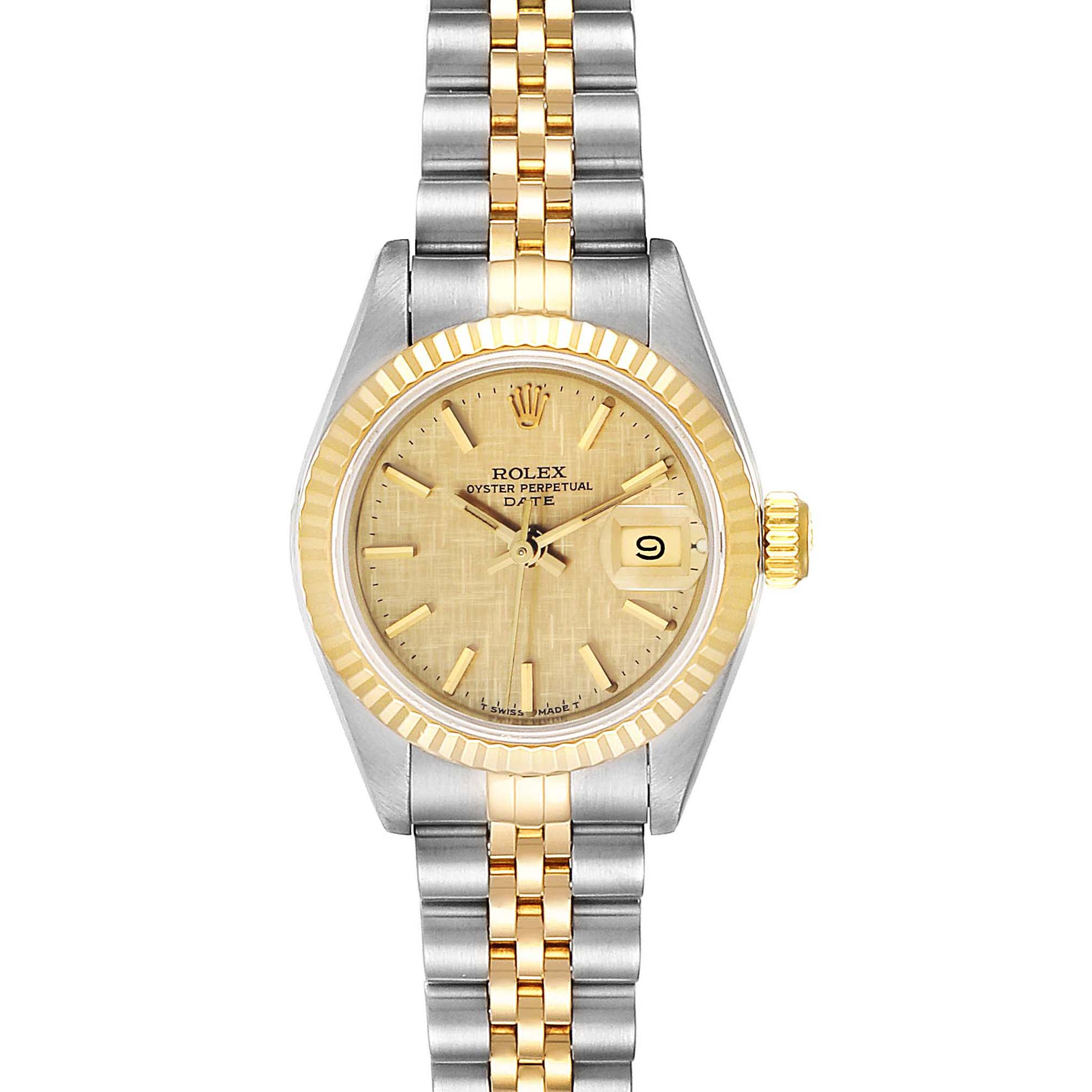 This image shows a Rolex Datejust 69173 Women
s Steel and Gold (two tone) Champagne Dial 69173 Women
s Steel and Gold (two tone) Champagne Dial watch with a fluted bezel, champagne dial, and two-tone jubilee bracelet from a front angle.