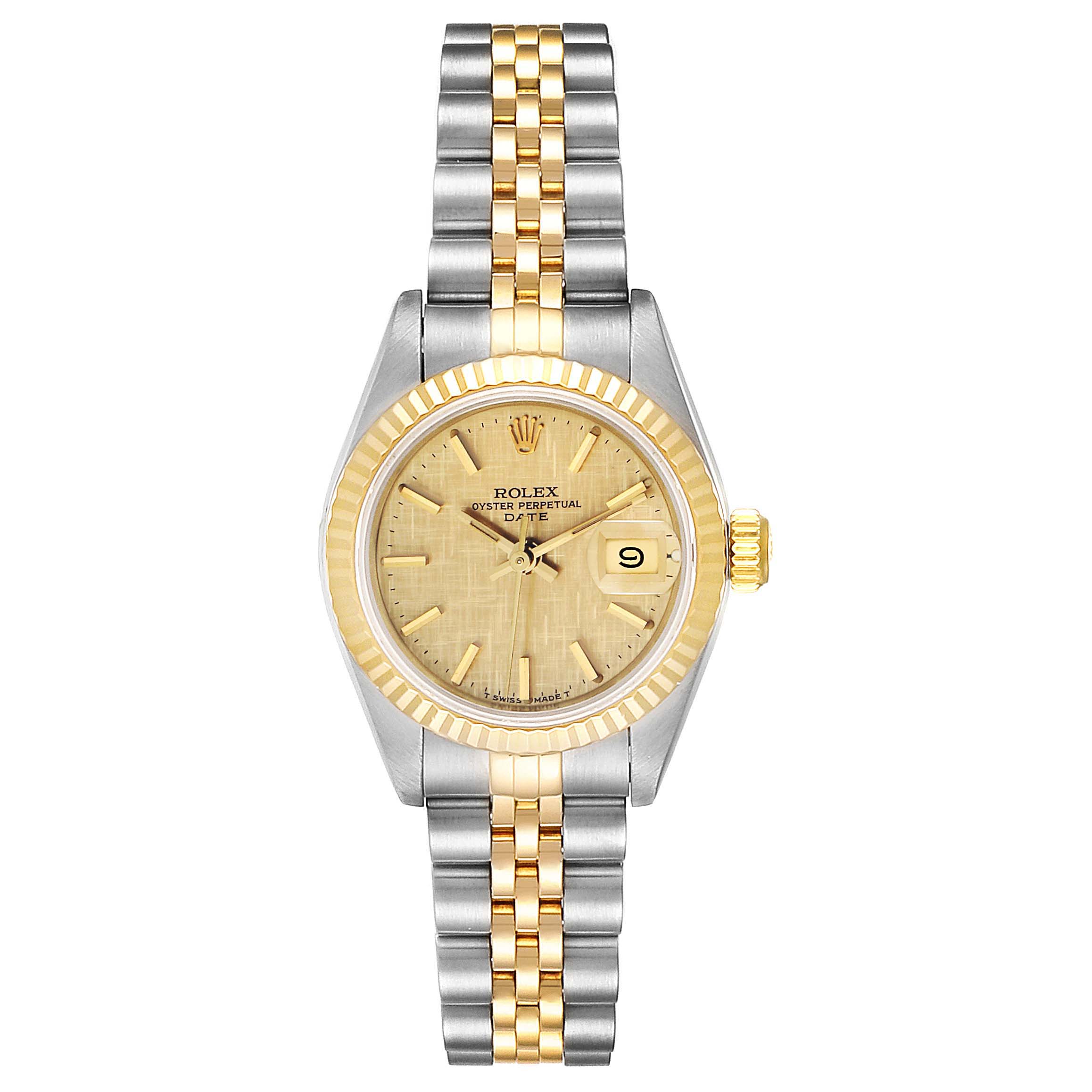 This is a front-facing view of a Rolex Datejust 69173 Women
s Steel and Gold (two tone) Champagne Dial 69173 Women
s Steel and Gold (two tone) Champagne Dial watch featuring a two-tone metal band and a date window.