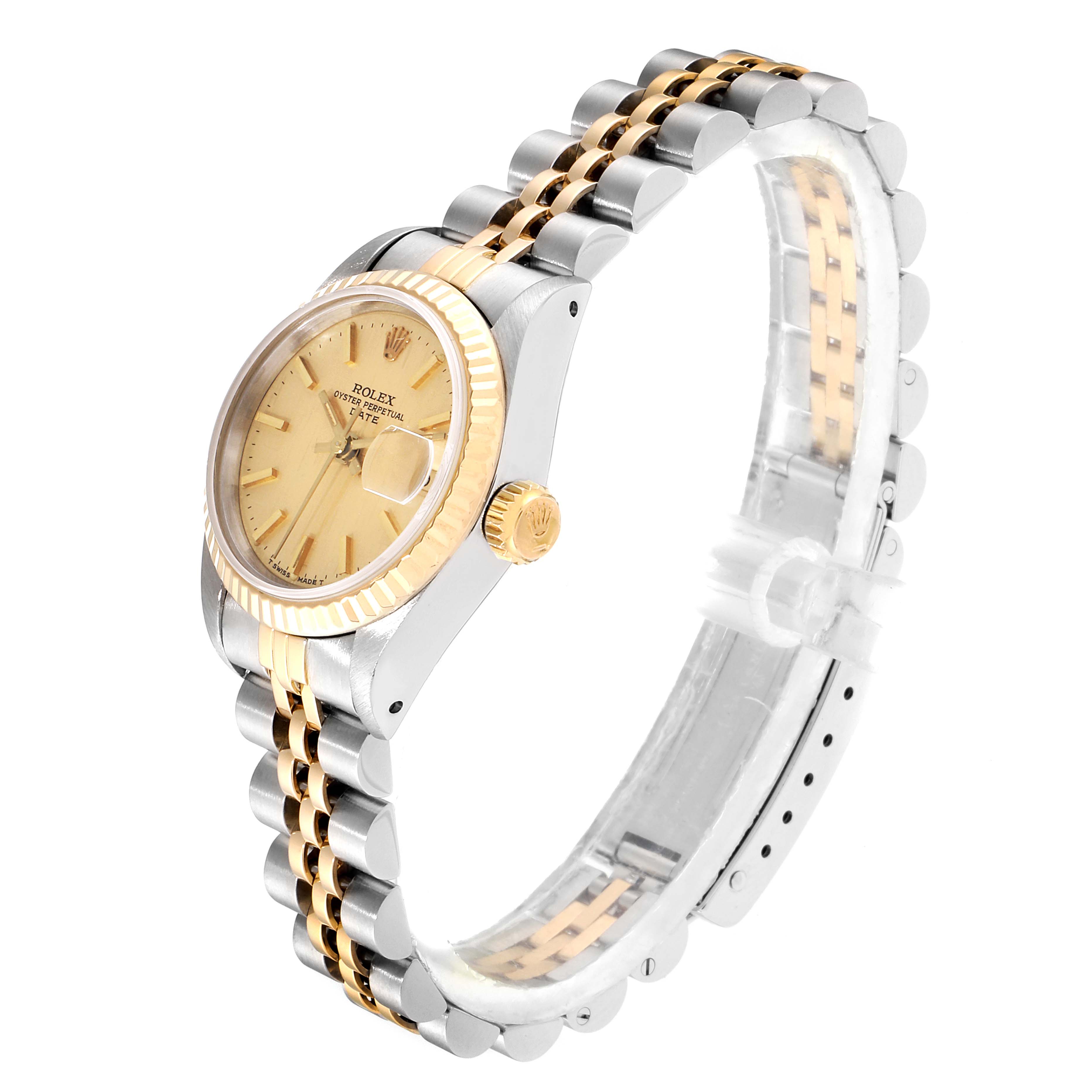 The Rolex Datejust 69173 Women
s Steel and Gold (two tone) Champagne Dial 69173 Women
s Steel and Gold (two tone) Champagne Dial watch is shown at a three-quarter angle, highlighting its dial, crown, and two-tone bracelet.