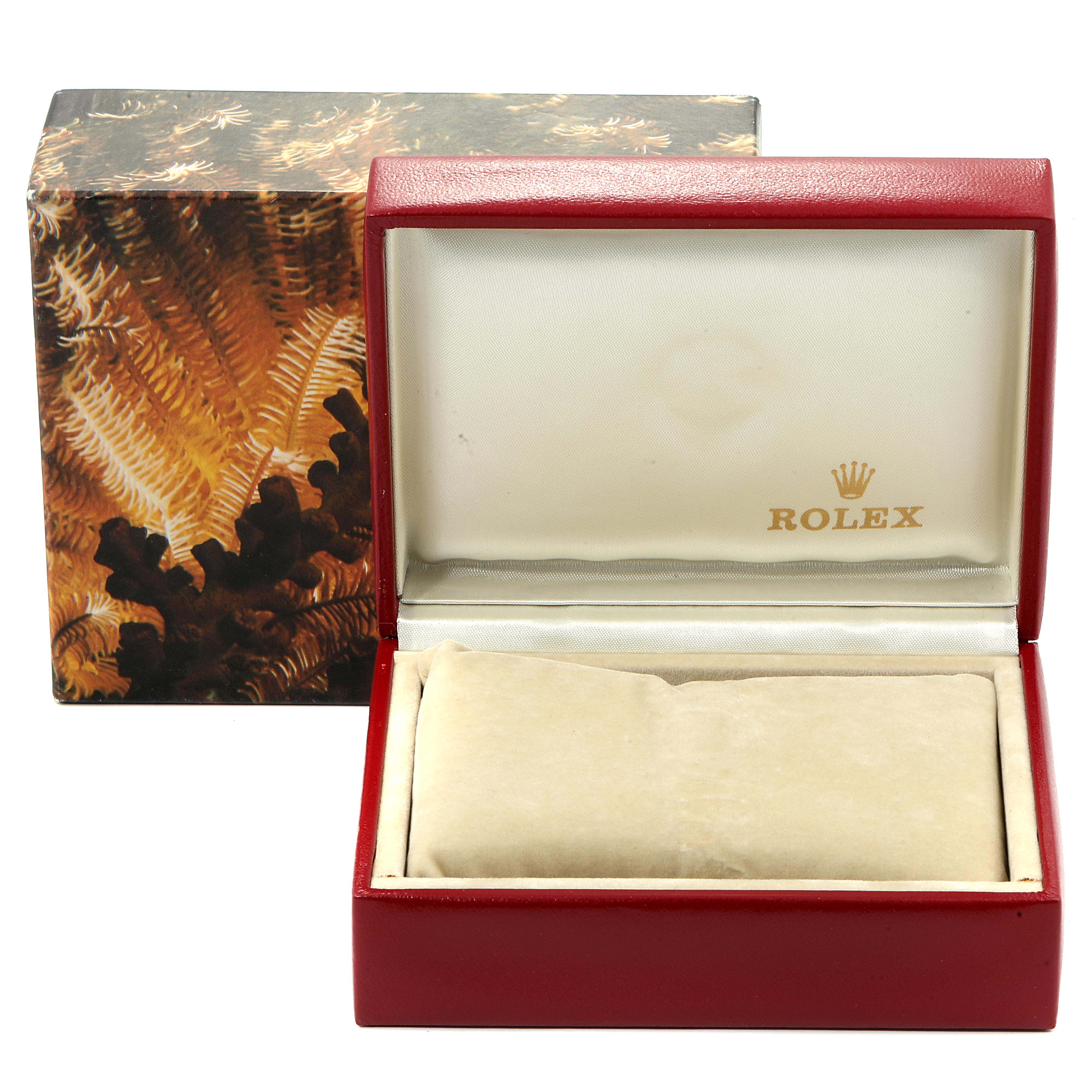 This image shows an empty Rolex Datejust 69173 Women
s Steel and Gold (two tone) Champagne Dial 69173 Women
s Steel and Gold (two tone) Champagne Dial watch box, with the box lid open and the cushioned interior visible.