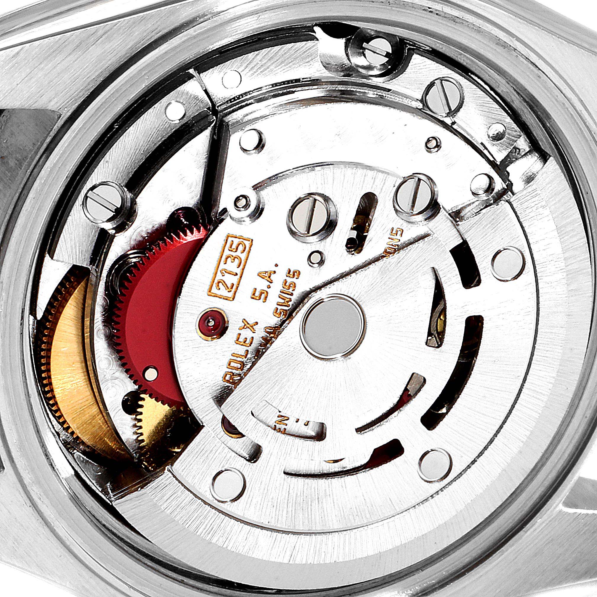 This image shows the internal movement mechanism of a Rolex Datejust 69173 Women
s Steel and Gold (two tone) Champagne Dial 69173 Women
s Steel and Gold (two tone) Champagne Dial model from a close-up, rear perspective.