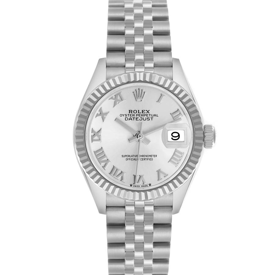 The Rolex Datejust is shown from a top-down angle, displaying the dial, bezel, bracelet, and date window.