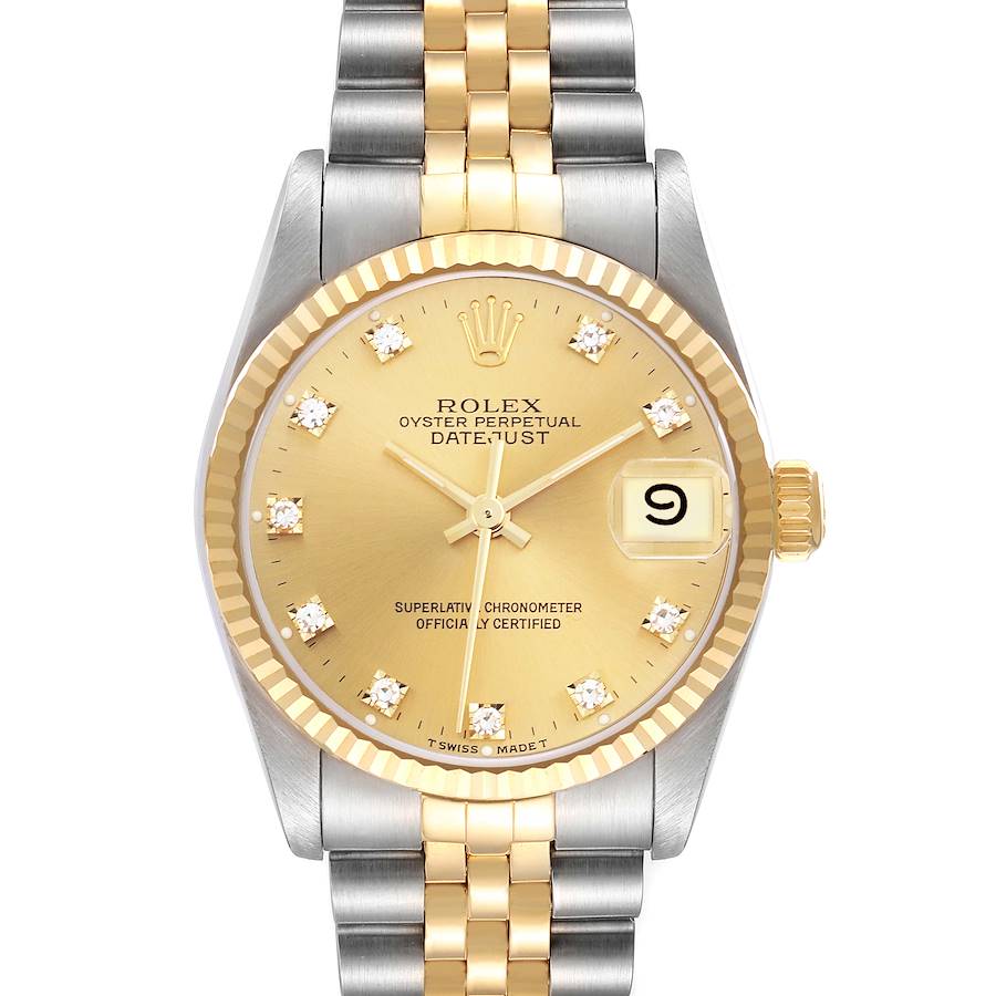The Rolex Datejust Mid-Size watch shows a front view of the dial, bezel, and Jubilee bracelet.