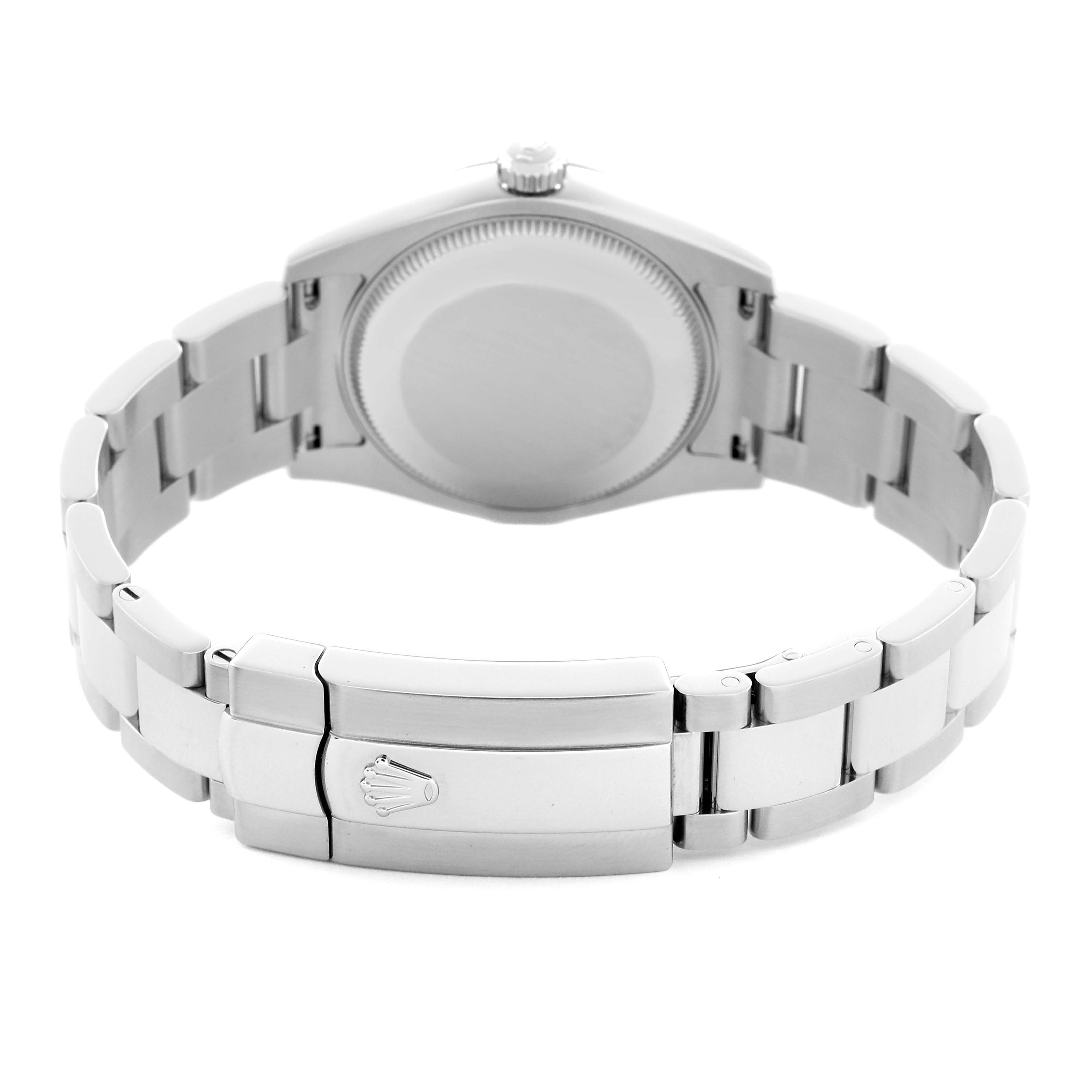 The image shows the back of a Rolex Mid-Size 178274 Women
s Stainless Steel Black Dial 178274 Women
s Stainless Steel Black Dial watch, highlighting the bracelet and clasp.