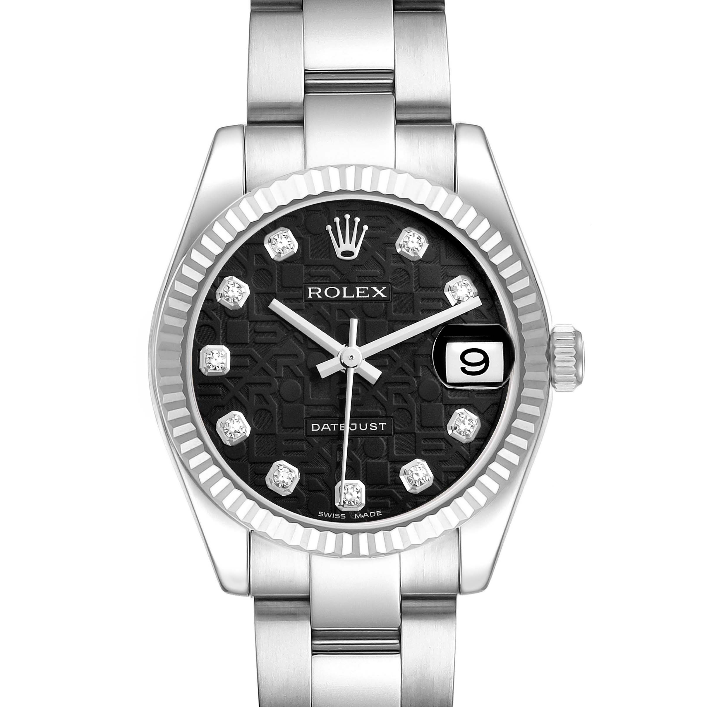 The Rolex Mid-Size 178274 Women
s Stainless Steel Black Dial 178274 Women
s Stainless Steel Black Dial watch is shown from the front, highlighting its dial, bezel, and bracelet.