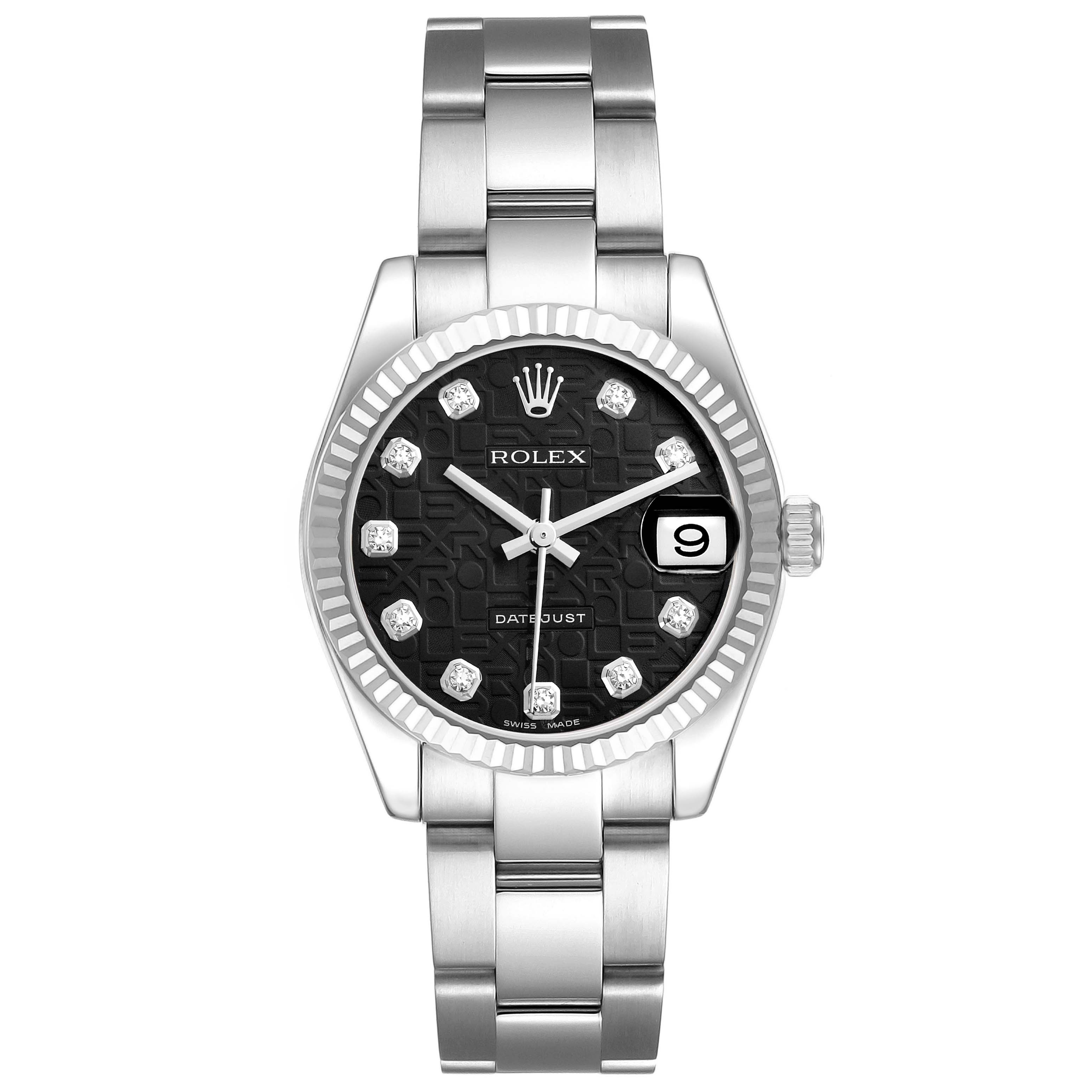 The Rolex Mid-Size 178274 Women
s Stainless Steel Black Dial 178274 Women
s Stainless Steel Black Dial watch is displayed from the front, showing the black dial, bezel, bracelet, and date window.