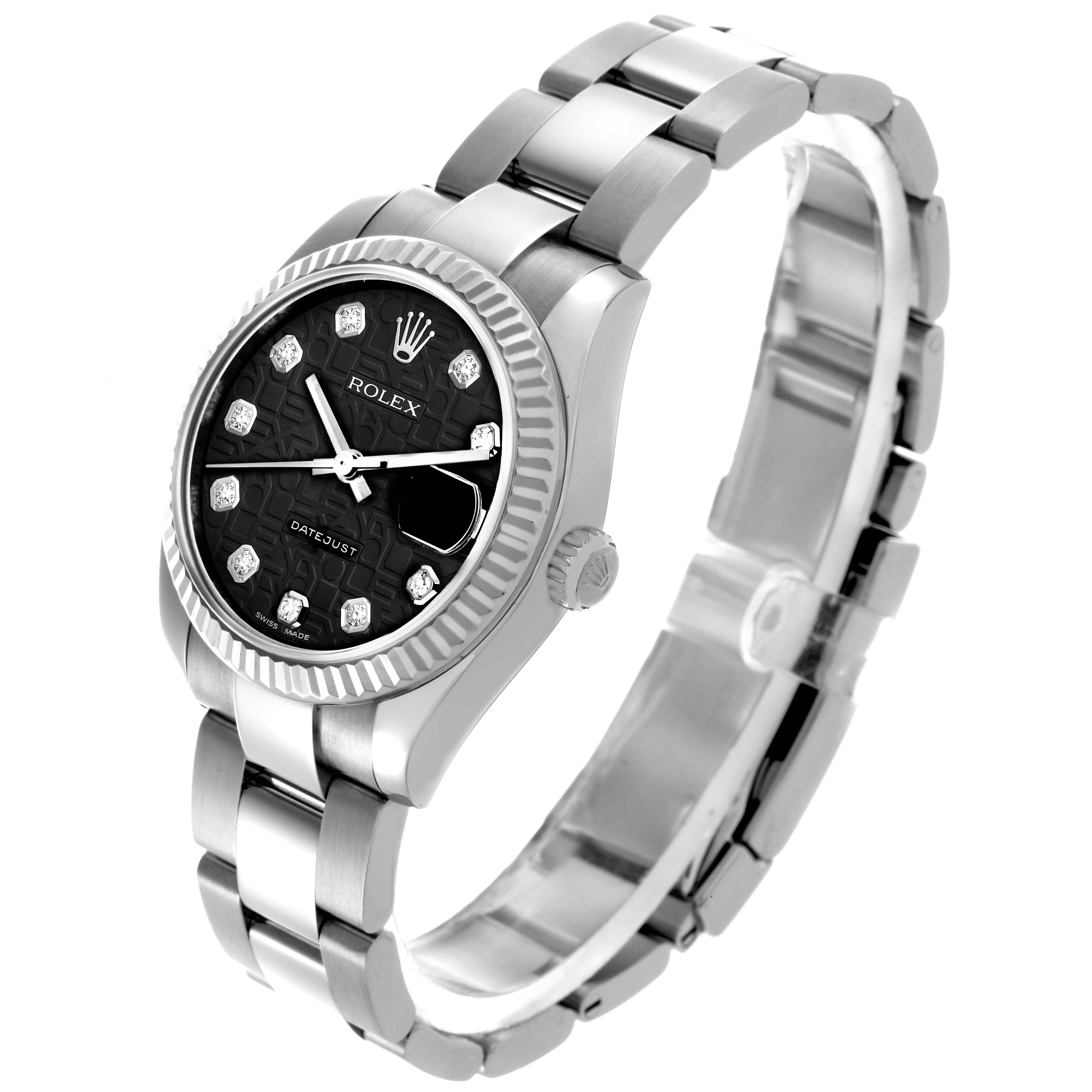 The Rolex Mid-Size 178274 Women
s Stainless Steel Black Dial 178274 Women
s Stainless Steel Black Dial watch is shown at a three-quarter angle, displaying the dial, bezel, and a portion of the bracelet and clasp.