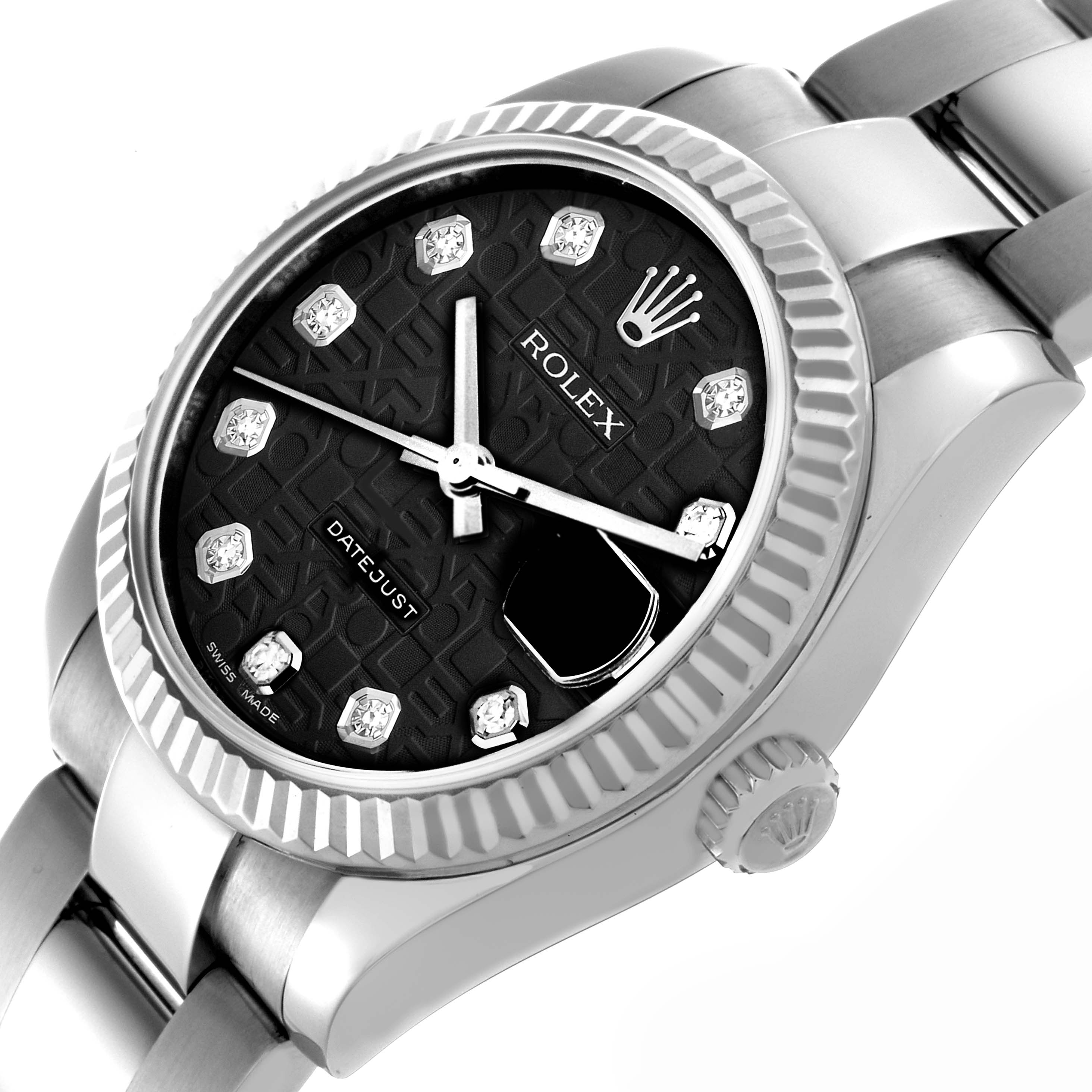 The Rolex Mid-Size 178274 Women
s Stainless Steel Black Dial 178274 Women
s Stainless Steel Black Dial watch is shown from a three-quarter angle, highlighting the dial, bezel, crown, and part of the bracelet.