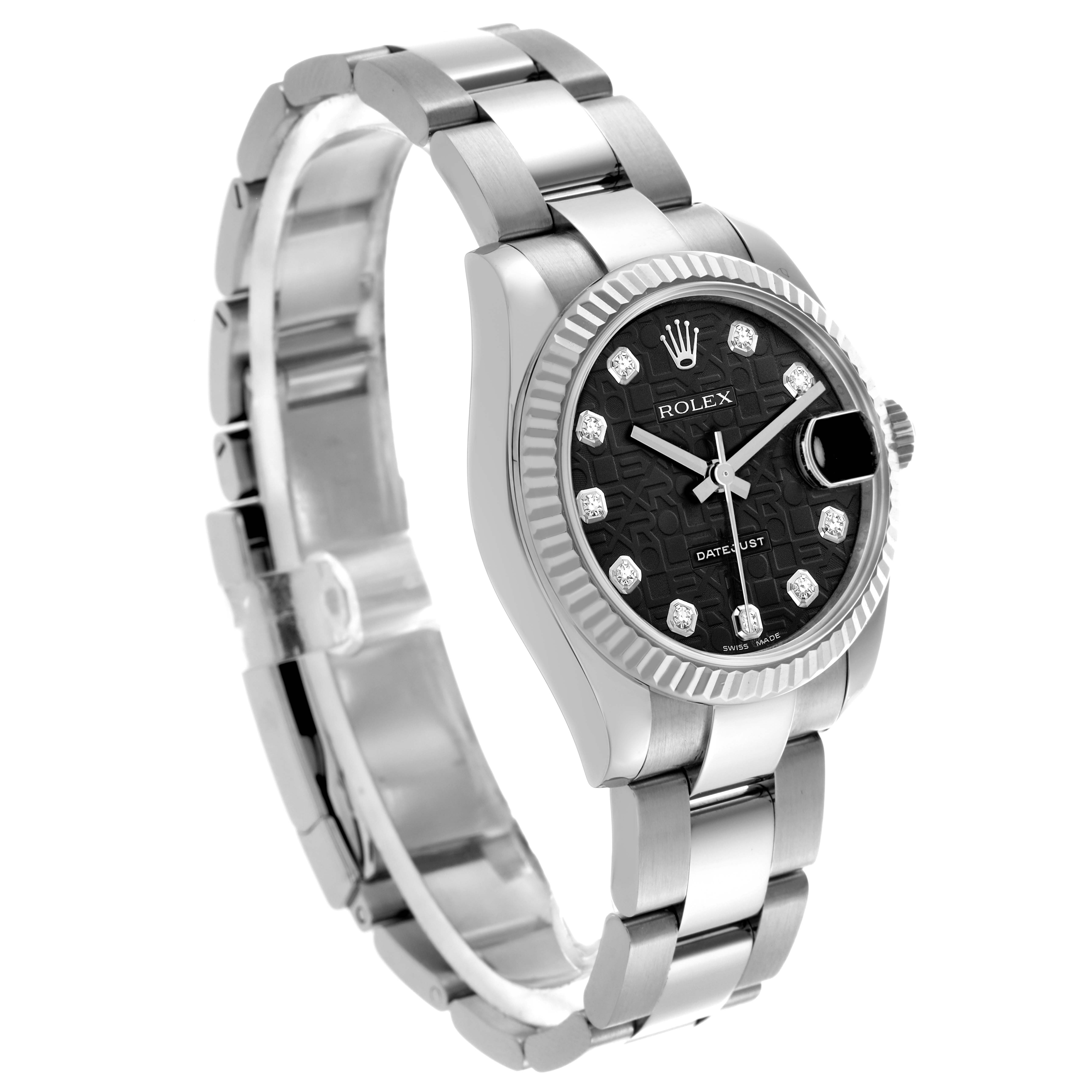 The Rolex Datejust Mid-Size is shown at a three-quarter angle, displaying the bracelet, bezel, and dial details prominently.