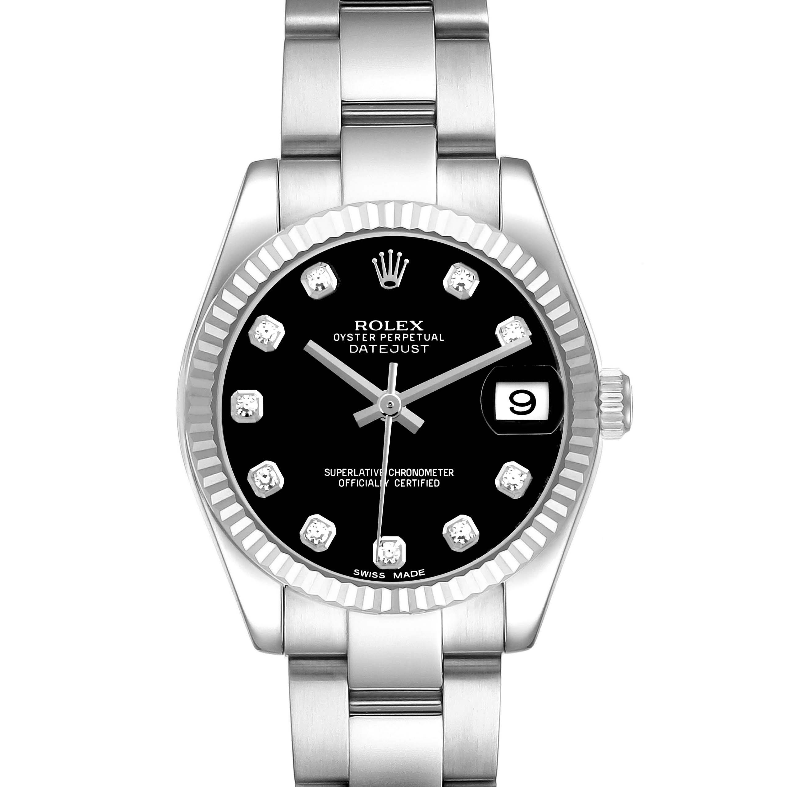 The Rolex Mid-Size 178274 Women's Stainless Steel Black Dial 178274 Women's Stainless Steel Black Dial Datejust is shown from the front, displaying the dial, bezel, crown, and part of the bracelet.