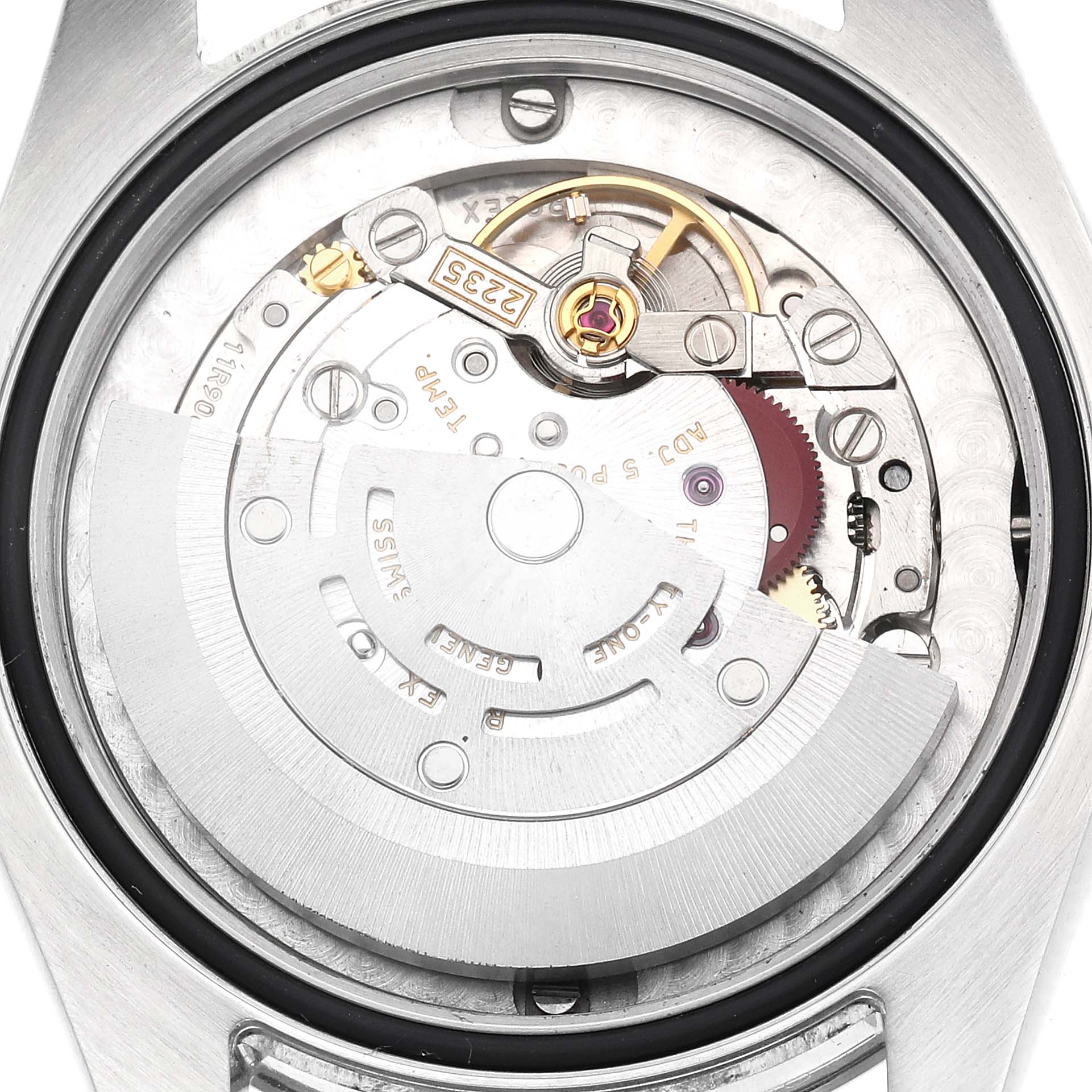 The image shows a close-up of the Rolex Mid-Size 178274 Women's Stainless Steel Black Dial 178274 Women's Stainless Steel Black Dial model's movement, highlighting the rotor and internal mechanical parts.