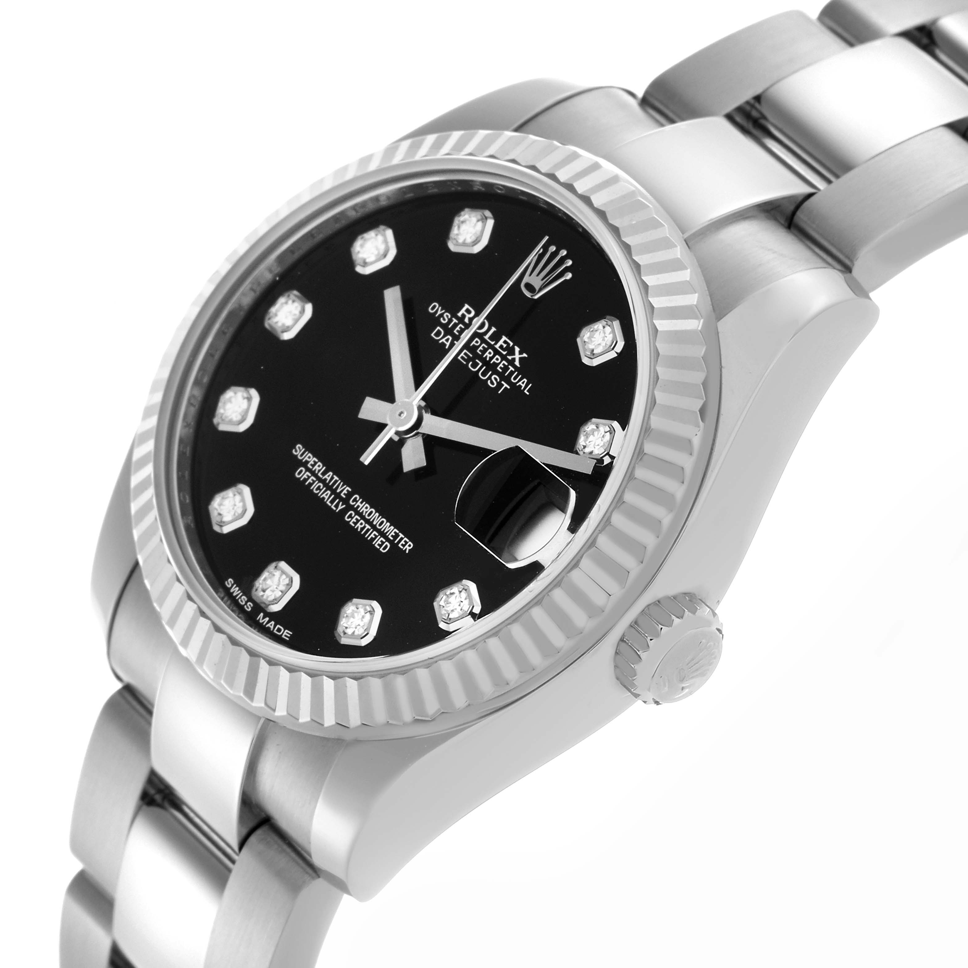The Rolex Mid-Size 178274 Women's Stainless Steel Black Dial 178274 Women's Stainless Steel Black Dial watch is shown from an angled side view, displaying the dial, bezel, crown, and part of the bracelet.