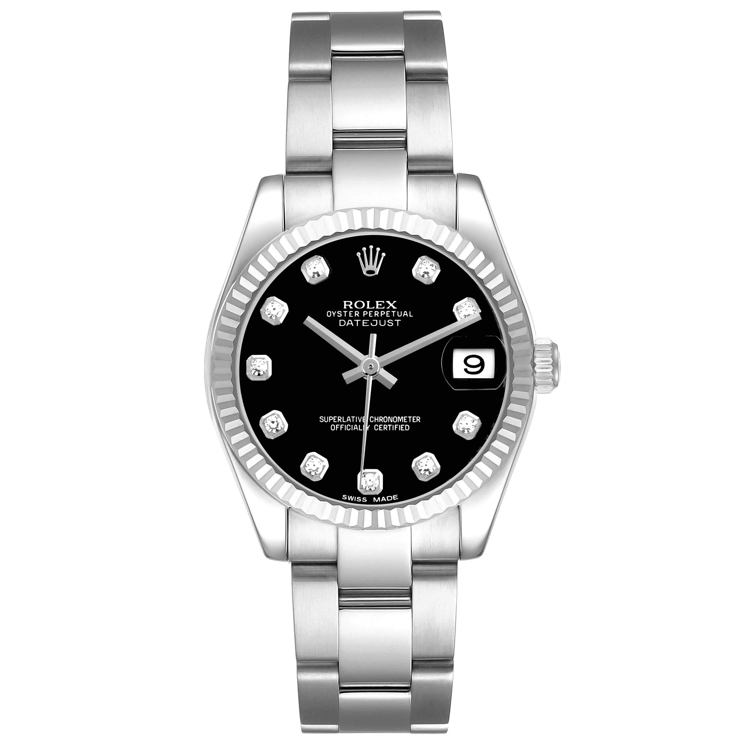 The Rolex Mid-Size 178274 Women's Stainless Steel Black Dial 178274 Women's Stainless Steel Black Dial Datejust watch is shown from a top-down angle, highlighting the dial, bezel, and bracelet.