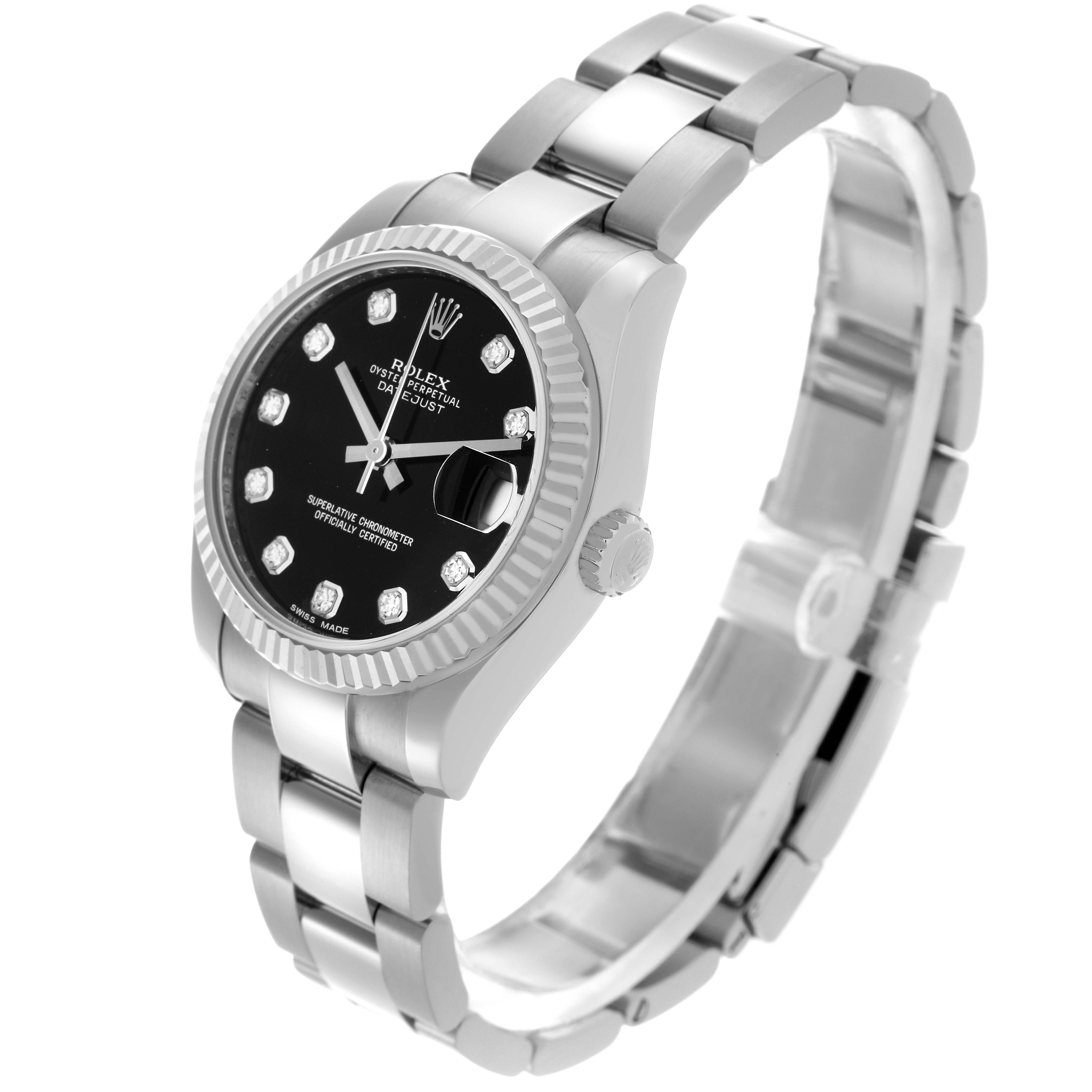 The Rolex Mid-Size 178274 Women's Stainless Steel Black Dial 178274 Women's Stainless Steel Black Dial watch is shown at a three-quarter angle, displaying the face, bezel, crown, and bracelet clearly.
