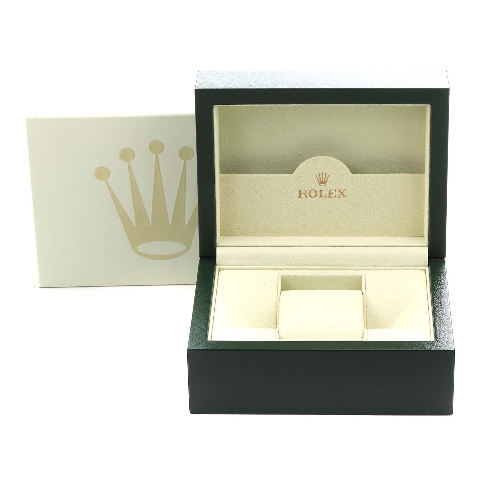 The image shows an open view of a Rolex Mid-Size 178274 Women's Stainless Steel Black Dial 178274 Women's Stainless Steel Black Dial watch box with the brand logo displayed inside the lid.