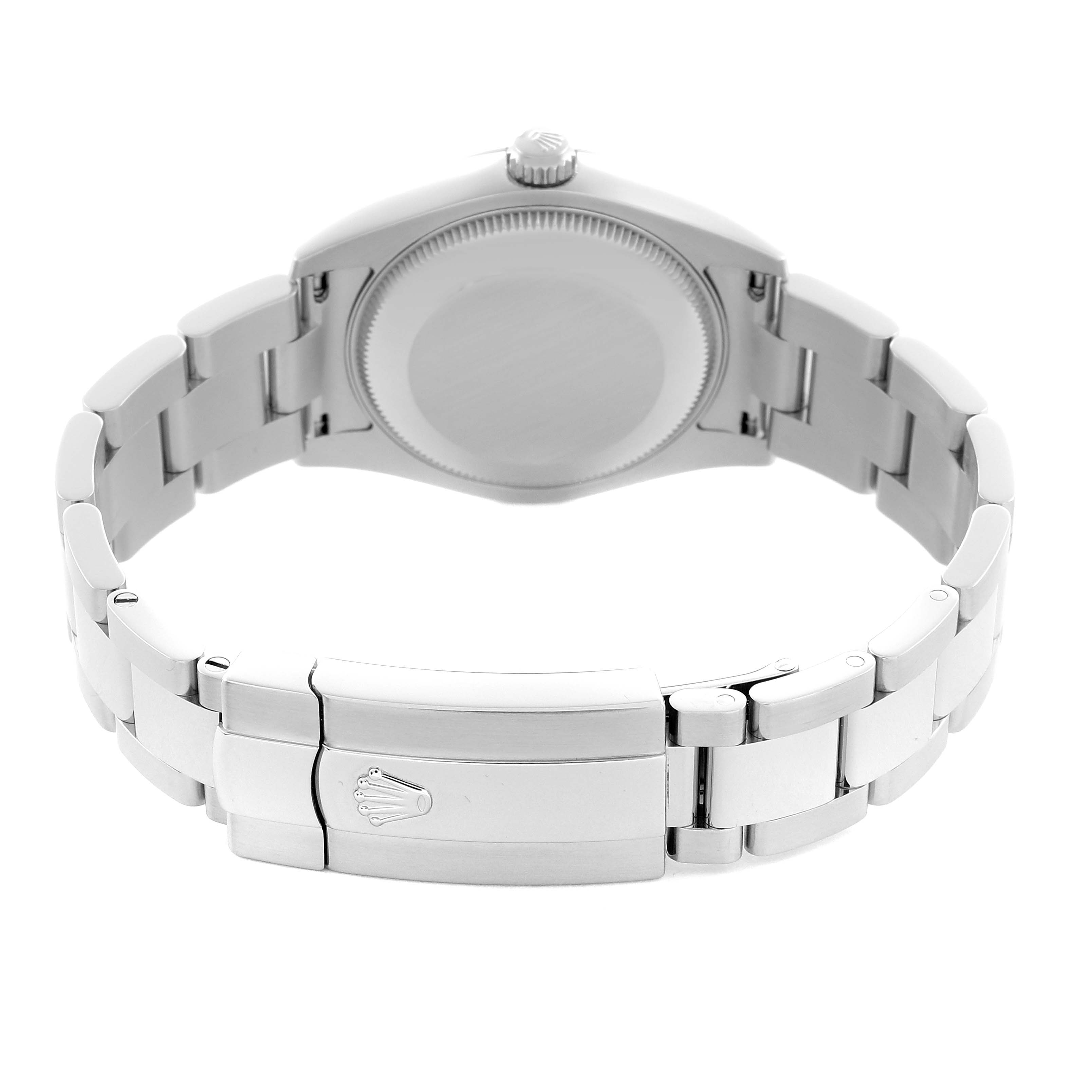 The image shows the back and clasp of a Rolex Mid-Size 178274 Women's Stainless Steel Black Dial 178274 Women's Stainless Steel Black Dial model, displaying the bracelet and closed case back.