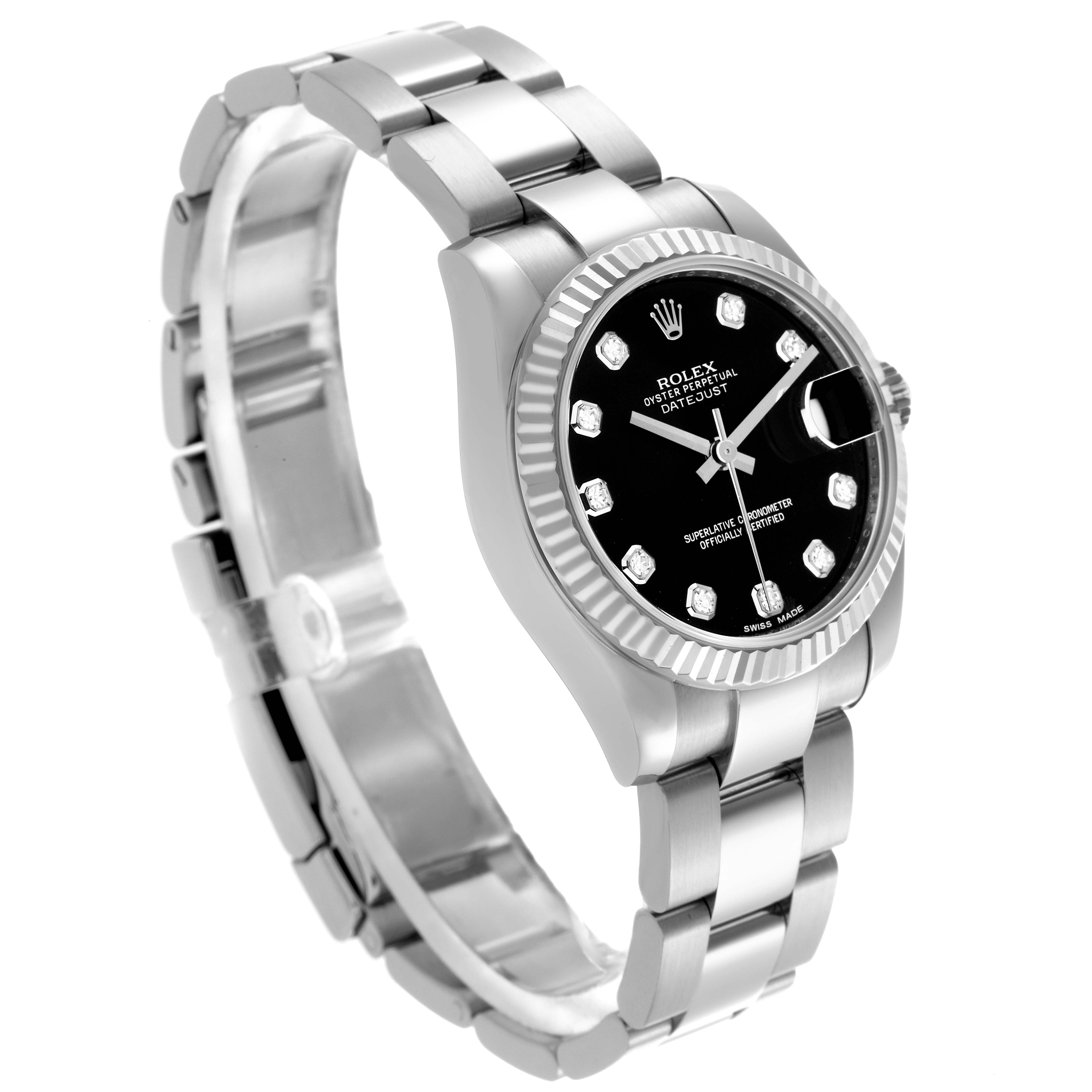 The Rolex Mid-Size 178274 Women's Stainless Steel Black Dial 178274 Women's Stainless Steel Black Dial watch is shown at a slight angle highlighting the bracelet, fluted bezel, and black dial with diamond markers.