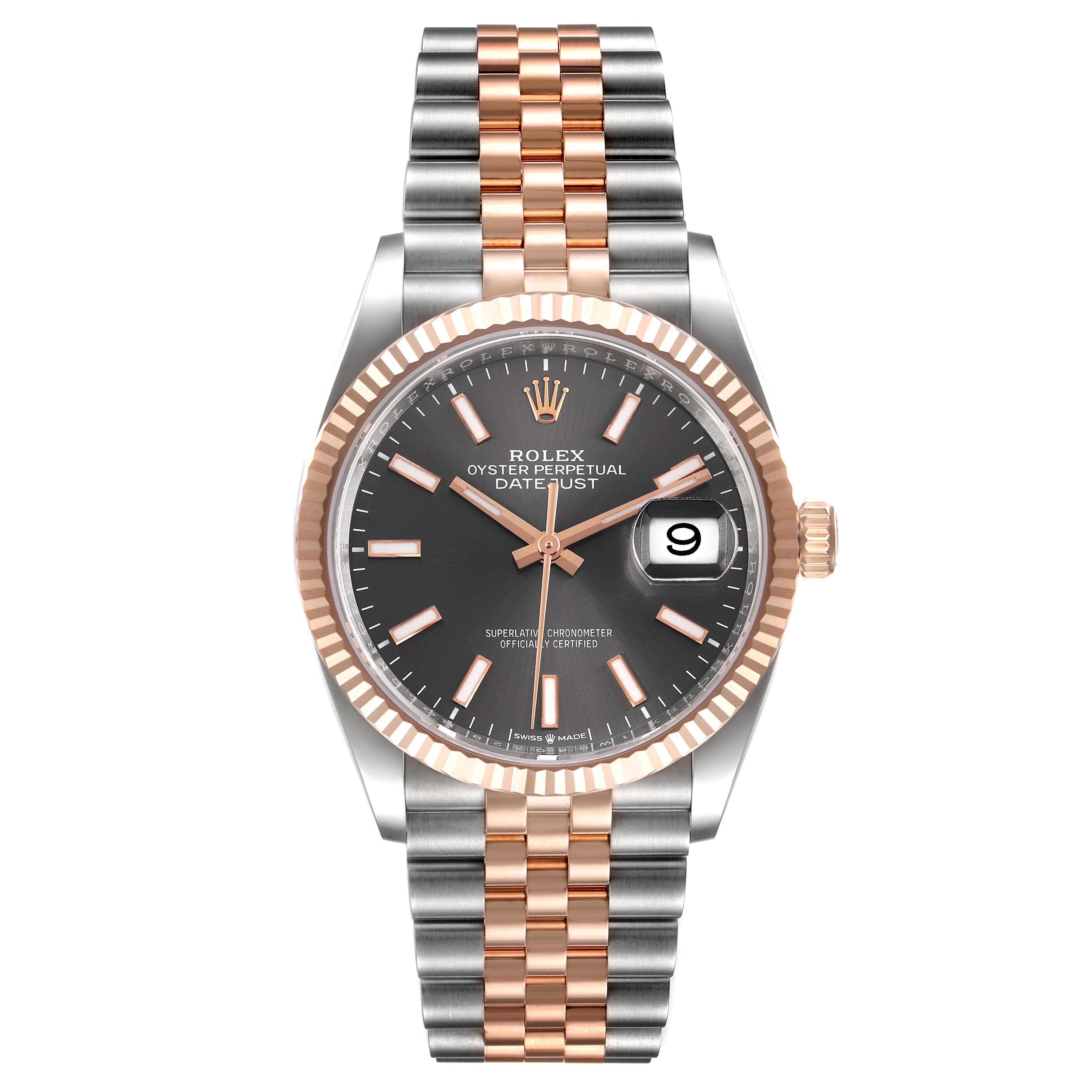 This image shows a front view of the Rolex Datejust 126231 Men
s Steel and Gold (two tone) Grey Dial 126231 Men
s Steel and Gold (two tone) Grey Dial watch, displaying its face, bezel, and two-tone bracelet.