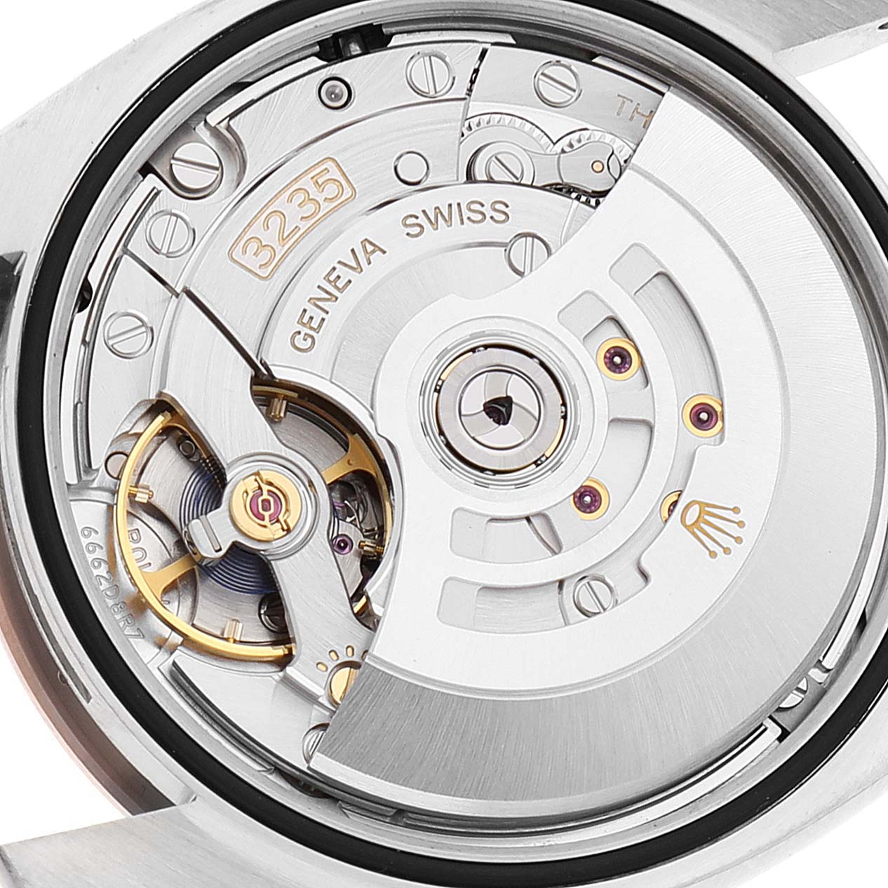 This image shows the movement mechanism of a Rolex Datejust 126231 Men
s Steel and Gold (two tone) Grey Dial 126231 Men
s Steel and Gold (two tone) Grey Dial watch viewed from the case back.