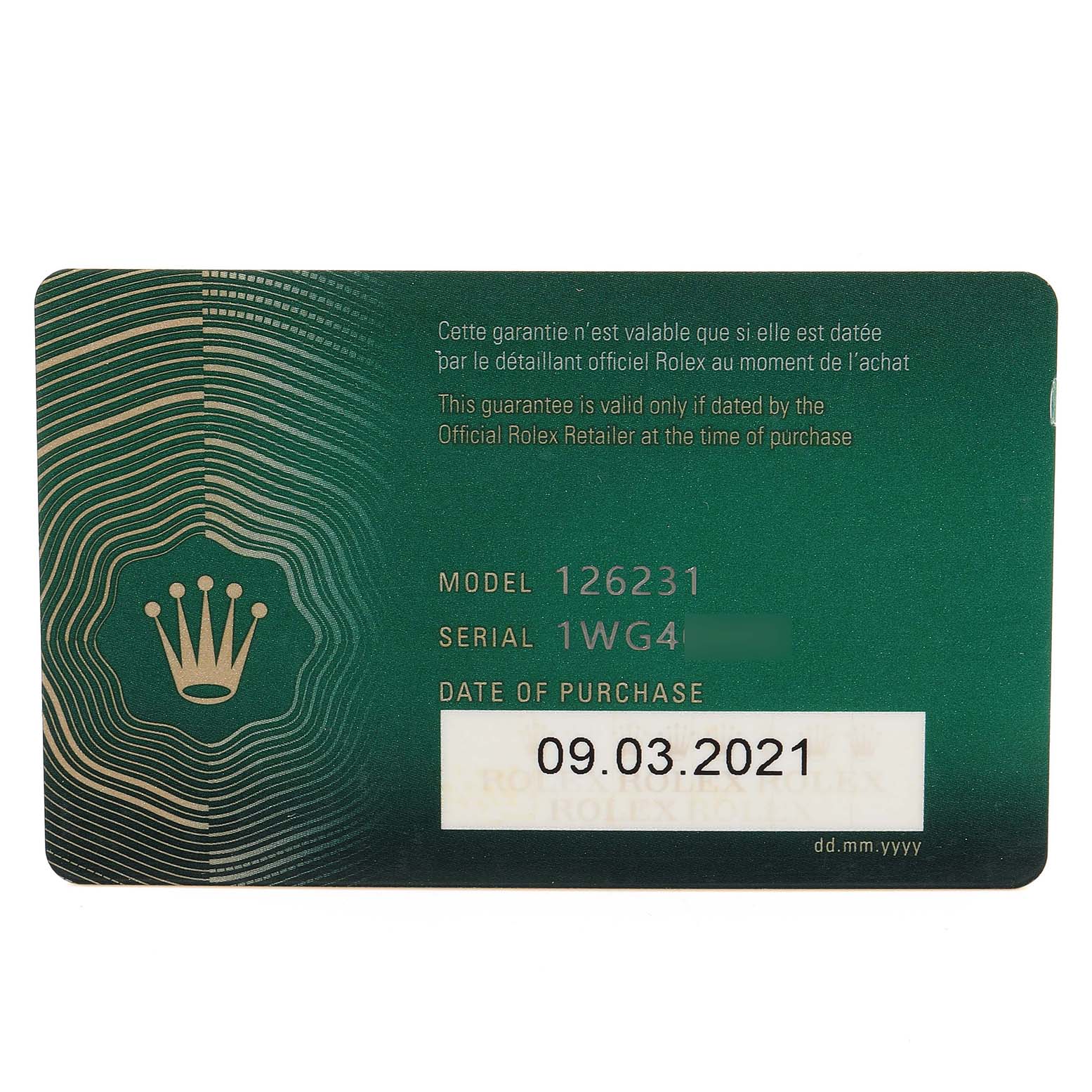 This image shows the warranty card for a Rolex Datejust 126231 Men
s Steel and Gold (two tone) Grey Dial 126231 Men
s Steel and Gold (two tone) Grey Dial model, including the model number, serial number, and date of purchase.