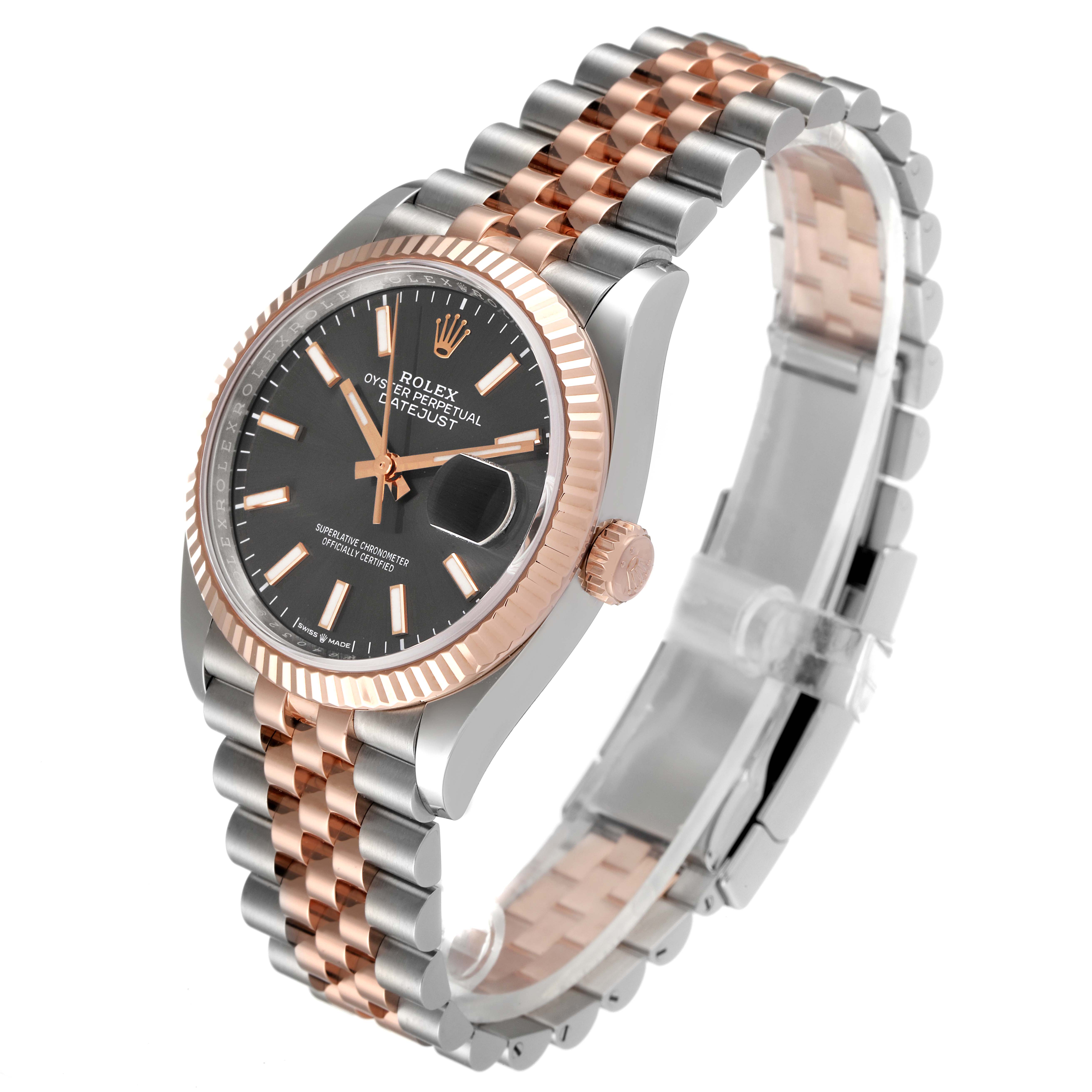 The angle shows a side view focusing on the face and bracelet of the Rolex Datejust 126231 Men
s Steel and Gold (two tone) Grey Dial 126231 Men
s Steel and Gold (two tone) Grey Dial watch, highlighting its dual-tone design.