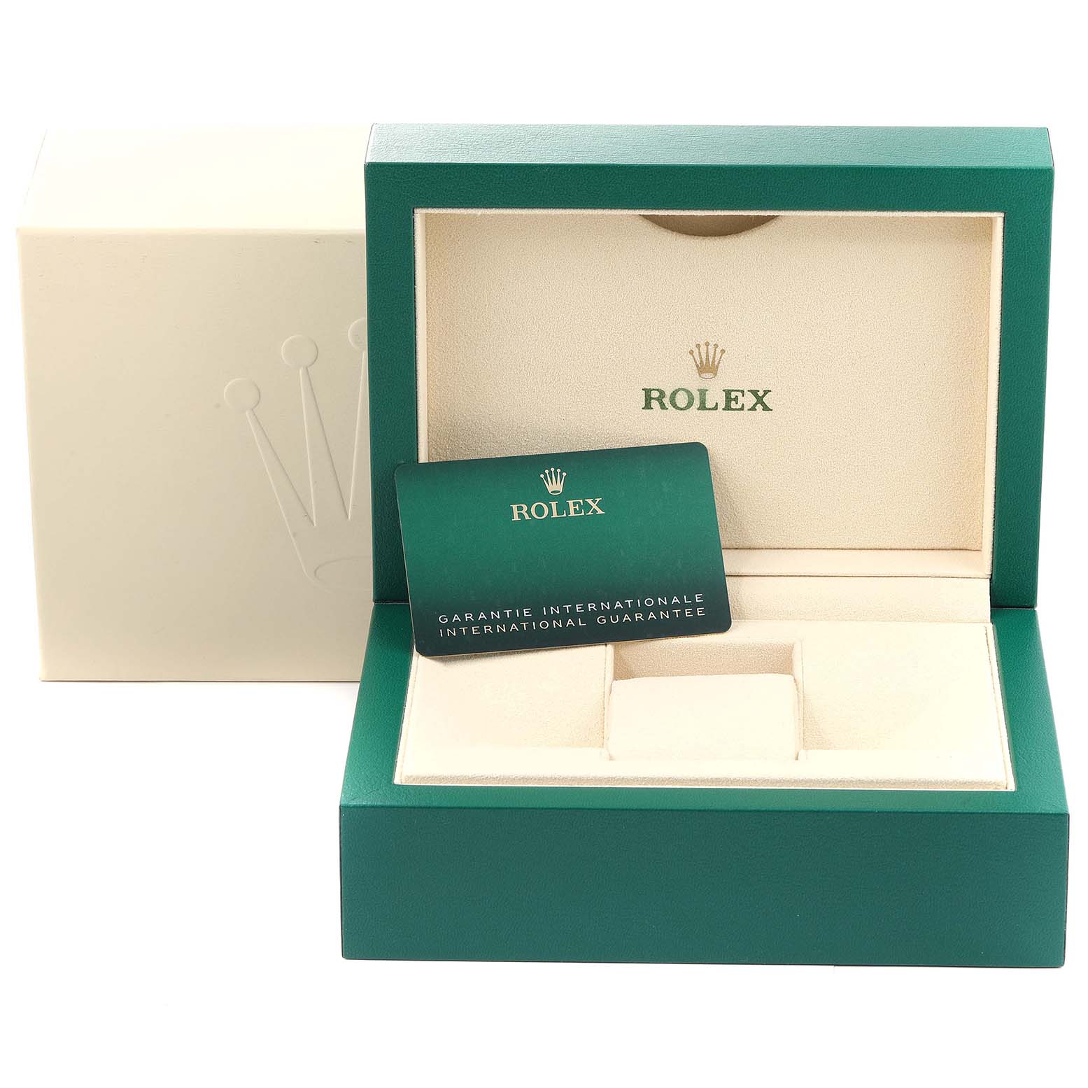 This is a Rolex Datejust 126231 Men
s Steel and Gold (two tone) Grey Dial 126231 Men
s Steel and Gold (two tone) Grey Dial watch box and international guarantee card taken from a front angle.