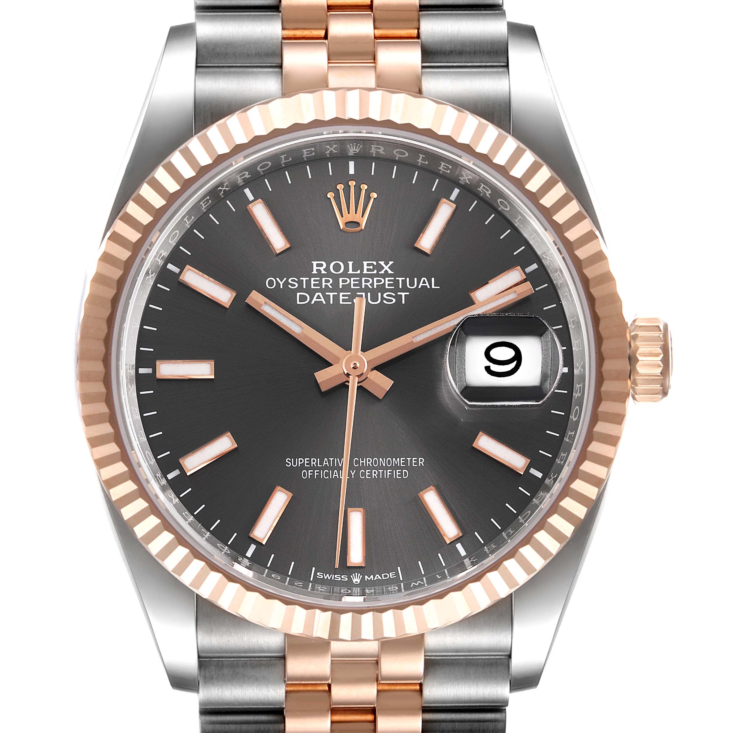 This image shows a Rolex Datejust 126231 Men
s Steel and Gold (two tone) Grey Dial 126231 Men
s Steel and Gold (two tone) Grey Dial watch front-on, featuring a two-tone strap, date window, and fluted bezel.