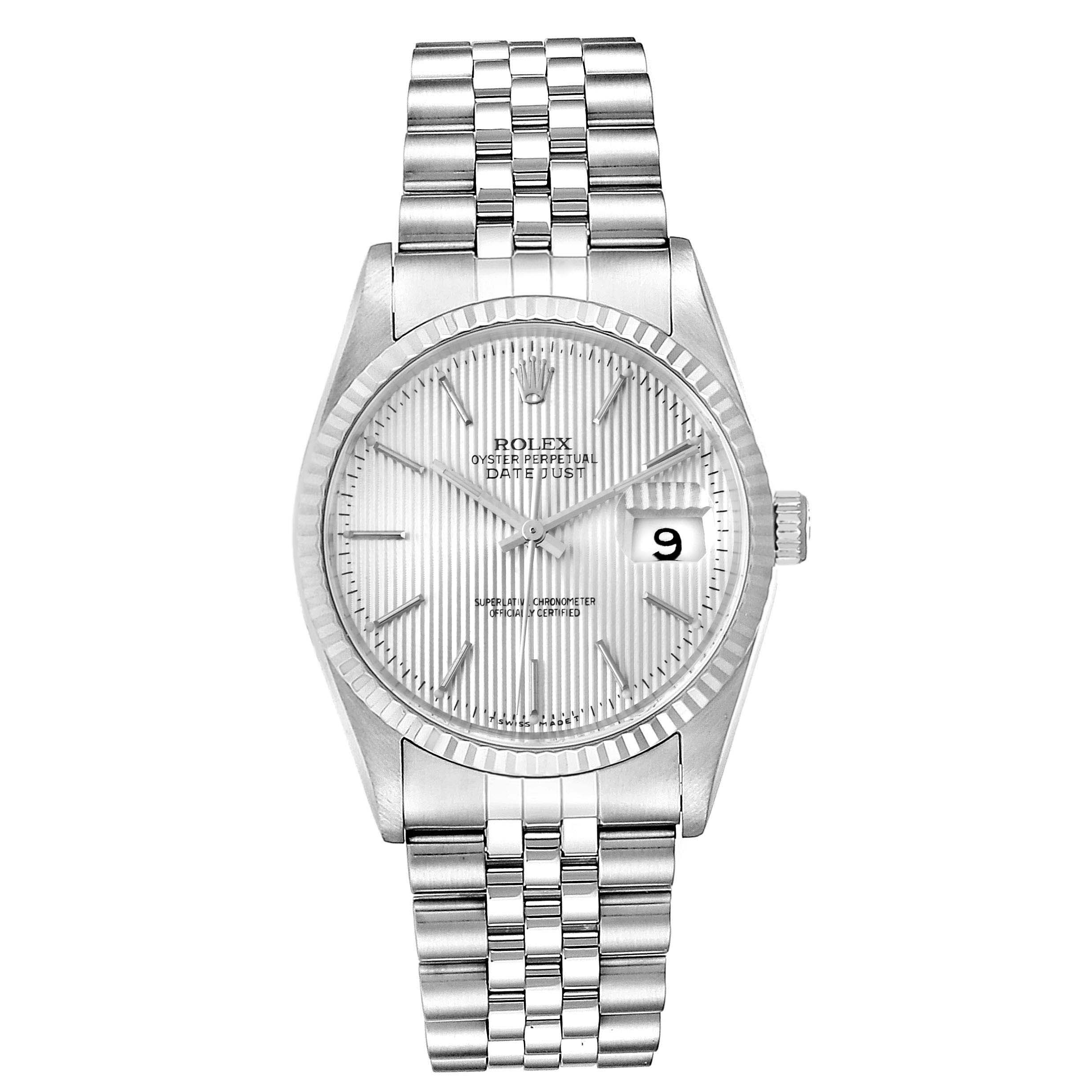 The image shows a front view of a Rolex Datejust 16234 Men's Stainless Steel Silver Dial 16234 Men's Stainless Steel Silver Dial watch, displaying the silver dial, bezel, and bracelet.