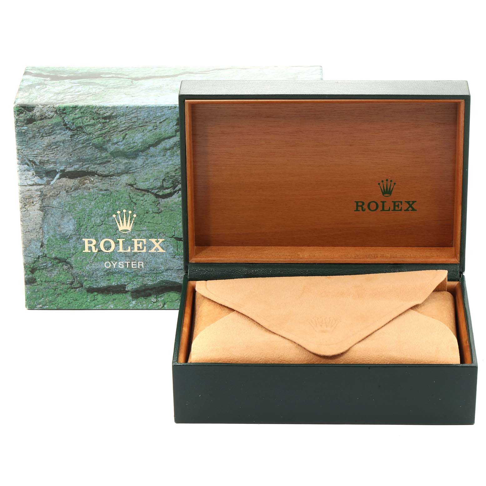 The image shows an open Rolex Datejust 16234 Men's Stainless Steel Silver Dial 16234 Men's Stainless Steel Silver Dial watch box with a suede pouch inside and a branded outer box behind it.