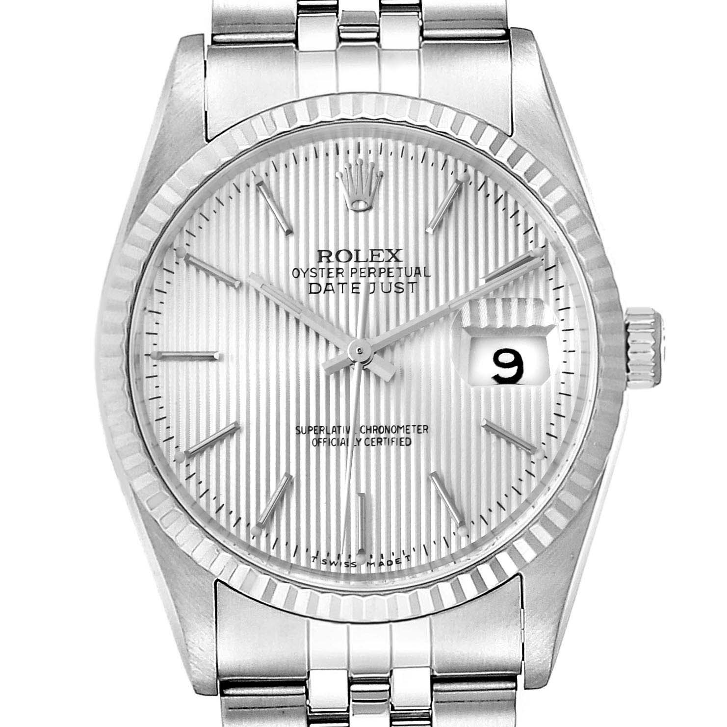 The image shows a frontal view of a Rolex Datejust 16234 Men's Stainless Steel Silver Dial 16234 Men's Stainless Steel Silver Dial watch, highlighting the dial, bezel, crown, and part of the bracelet.