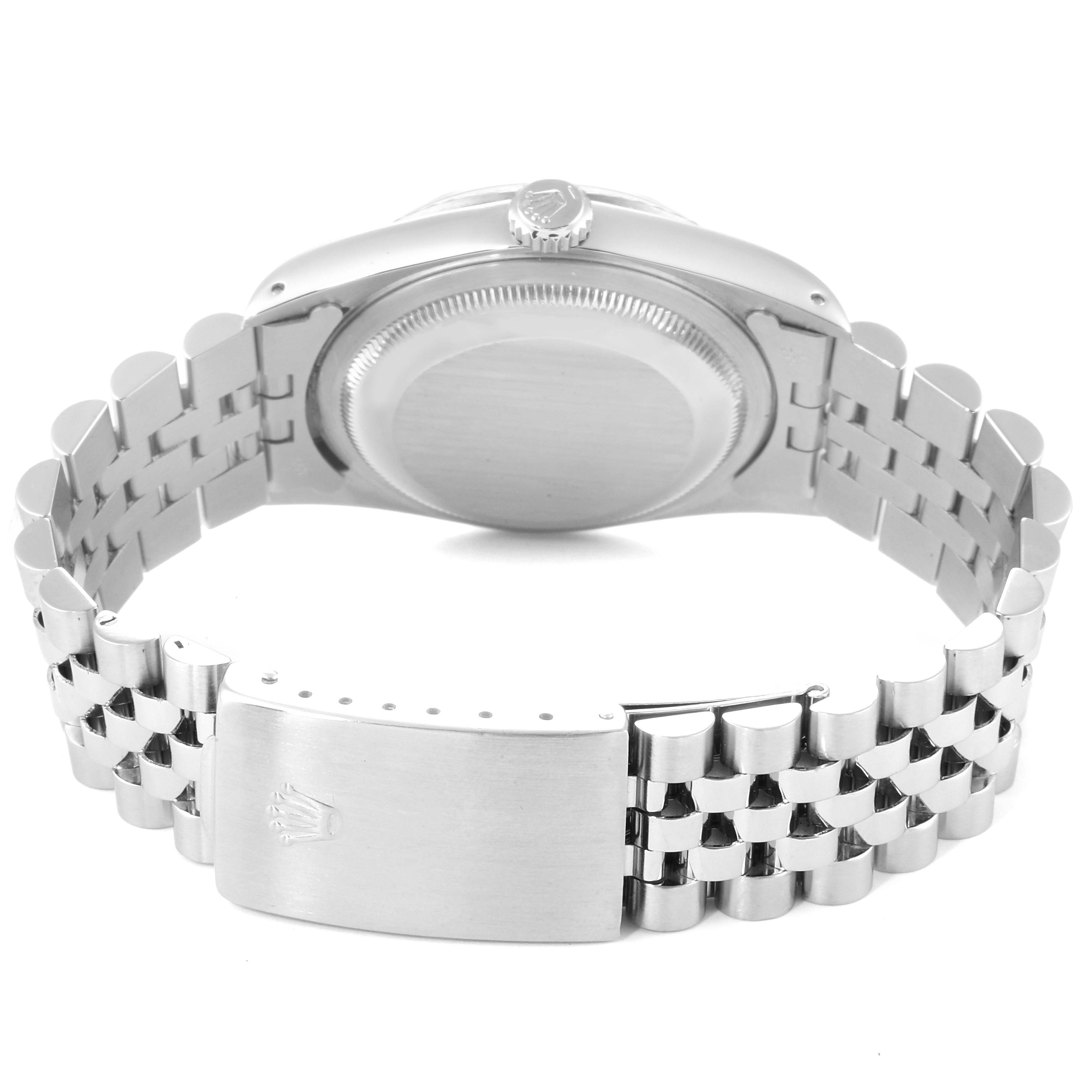 The image shows the back view of a Rolex Datejust 16234 Men's Stainless Steel Silver Dial 16234 Men's Stainless Steel Silver Dial watch, focusing on the case back and jubilee bracelet with clasp.