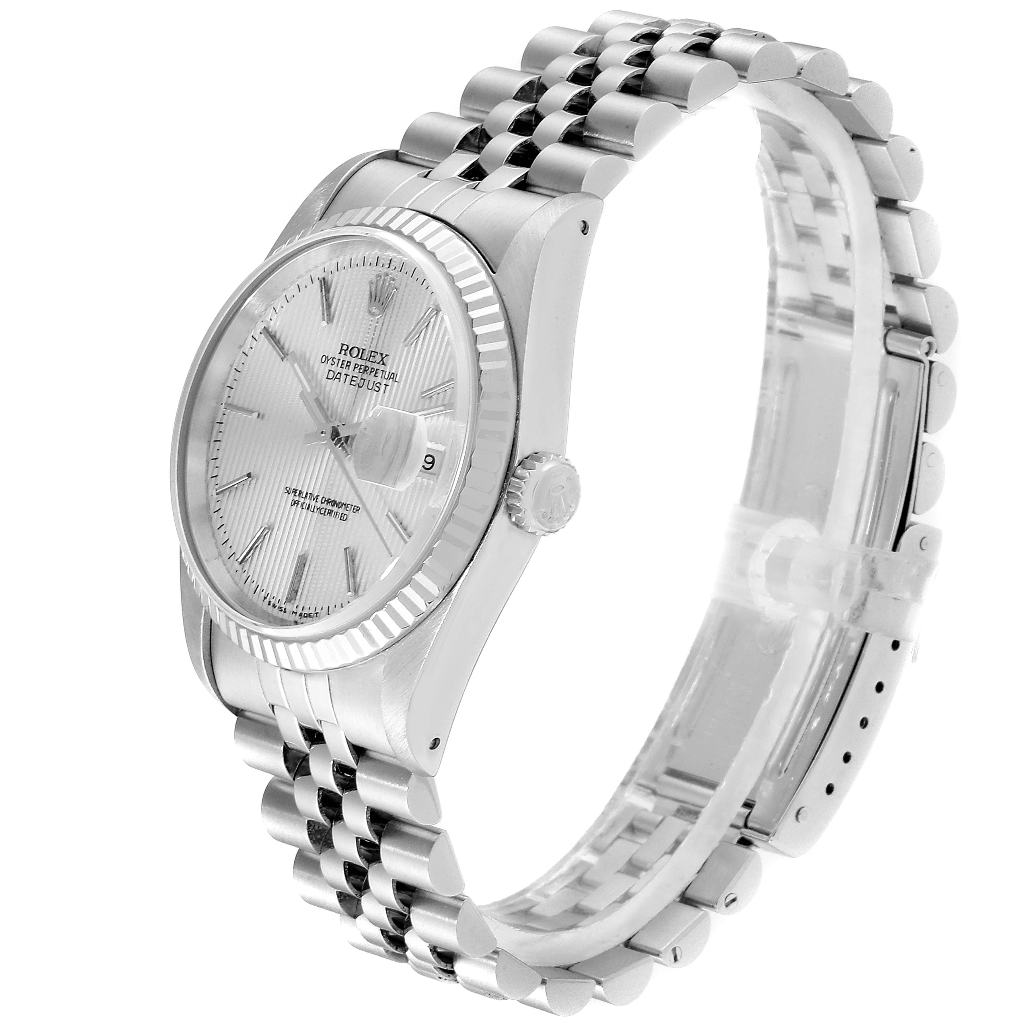 This image shows a Rolex Datejust 16234 Men's Stainless Steel Silver Dial 16234 Men's Stainless Steel Silver Dial watch angled from the front-left, displaying its dial, fluted bezel, crown, and Jubilee bracelet.