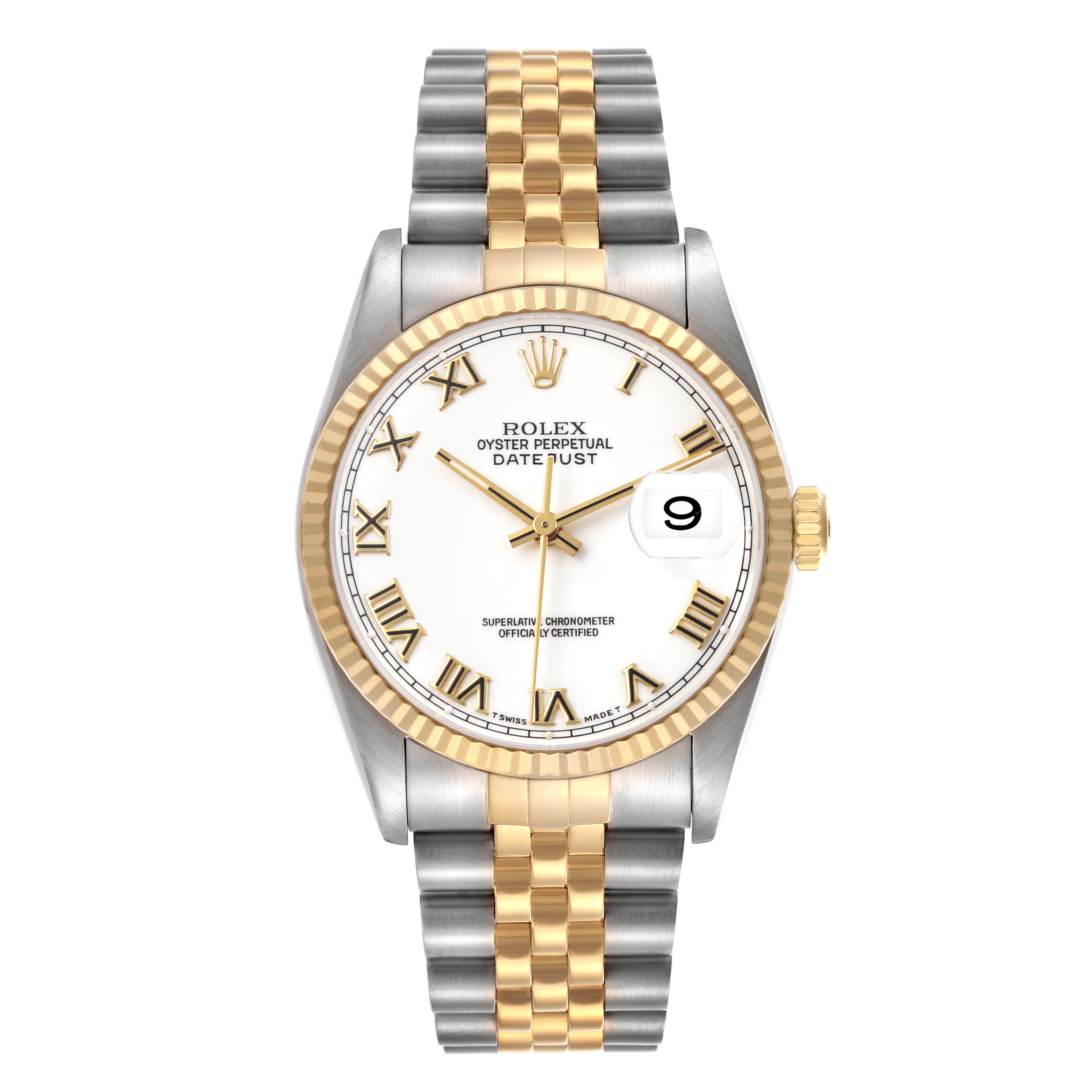 The Rolex Datejust 16233 Men's Steel and Gold (two tone) White Dial watch is shown from a top-down angle displaying the face, bezel, and two-tone bracelet.