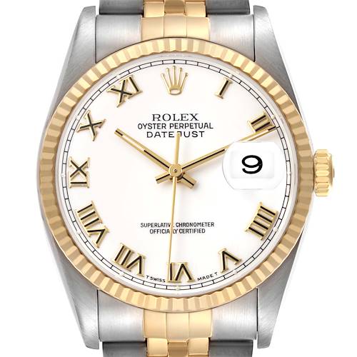 The Rolex Datejust 16233 Men's Steel and Gold (two tone) White Dial watch is shown from the front, displaying the dial, bezel, crown, and part of the bracelet.