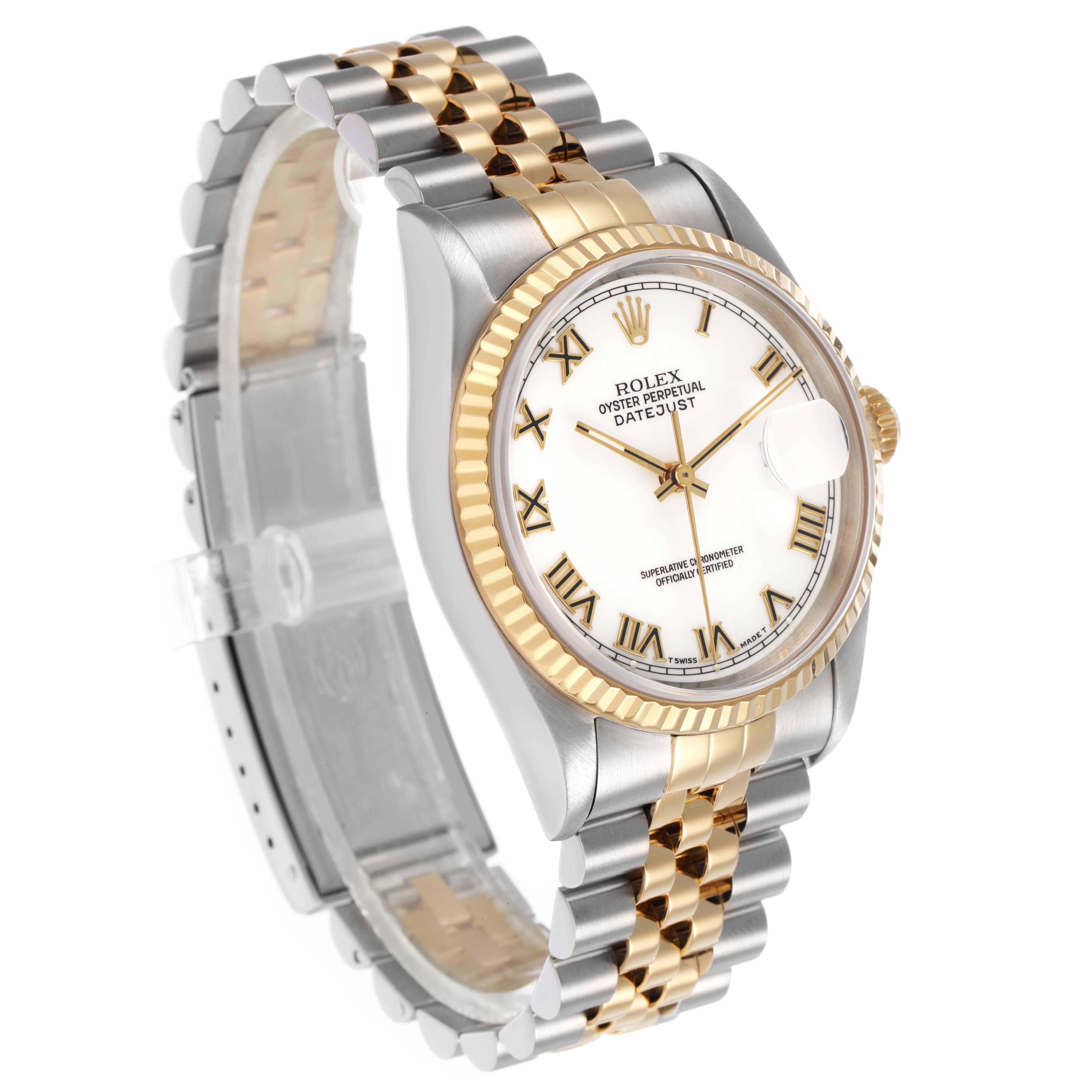 The Rolex Datejust 16233 Men's Steel and Gold (two tone) White Dial watch is shown at a slight angle highlighting its face, fluted bezel, and two-tone Jubilee bracelet.