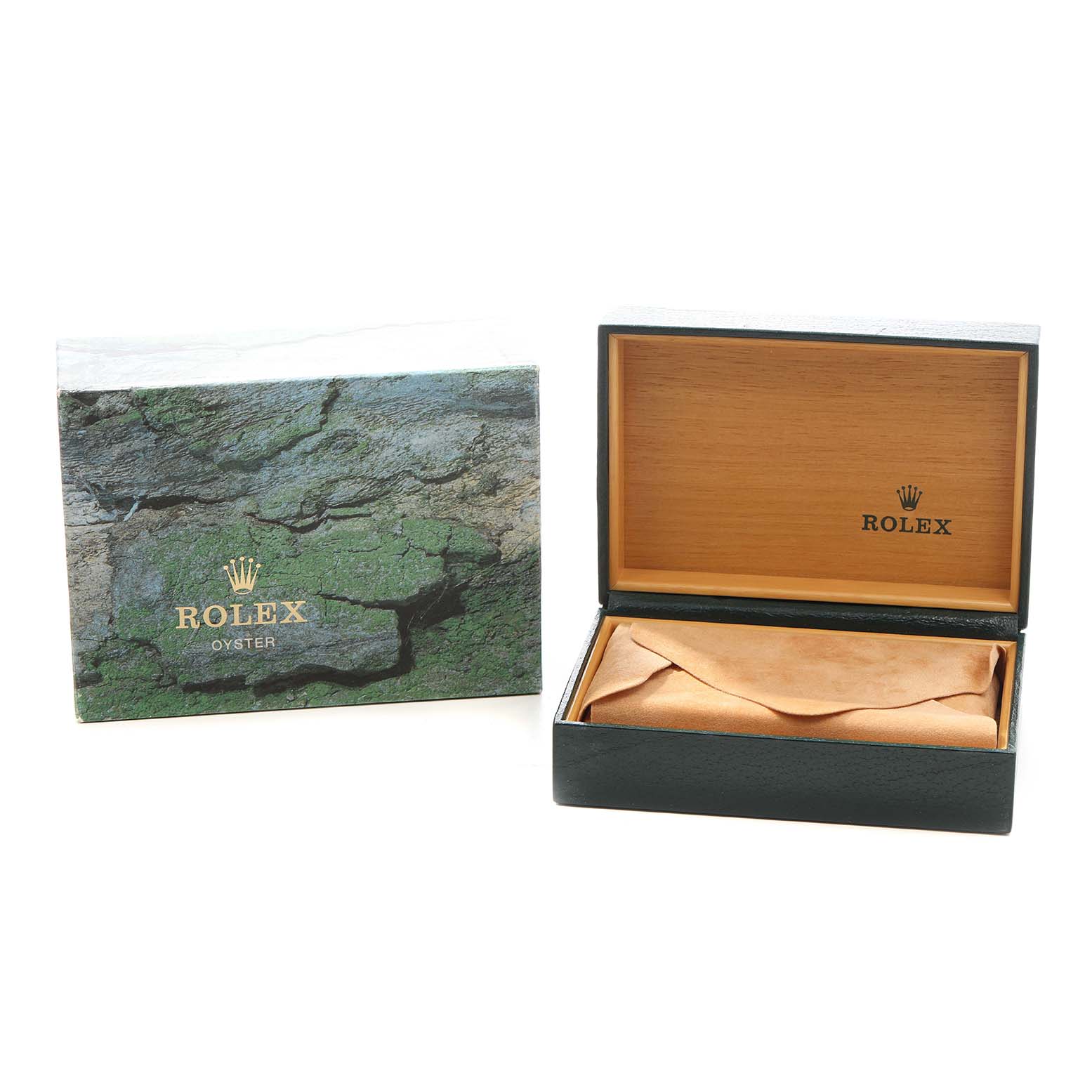 The image shows a Rolex Datejust 16233 Men's Steel and Gold (two tone) White Dial box with its lid open, and an inner pouch, alongside the outer packaging.