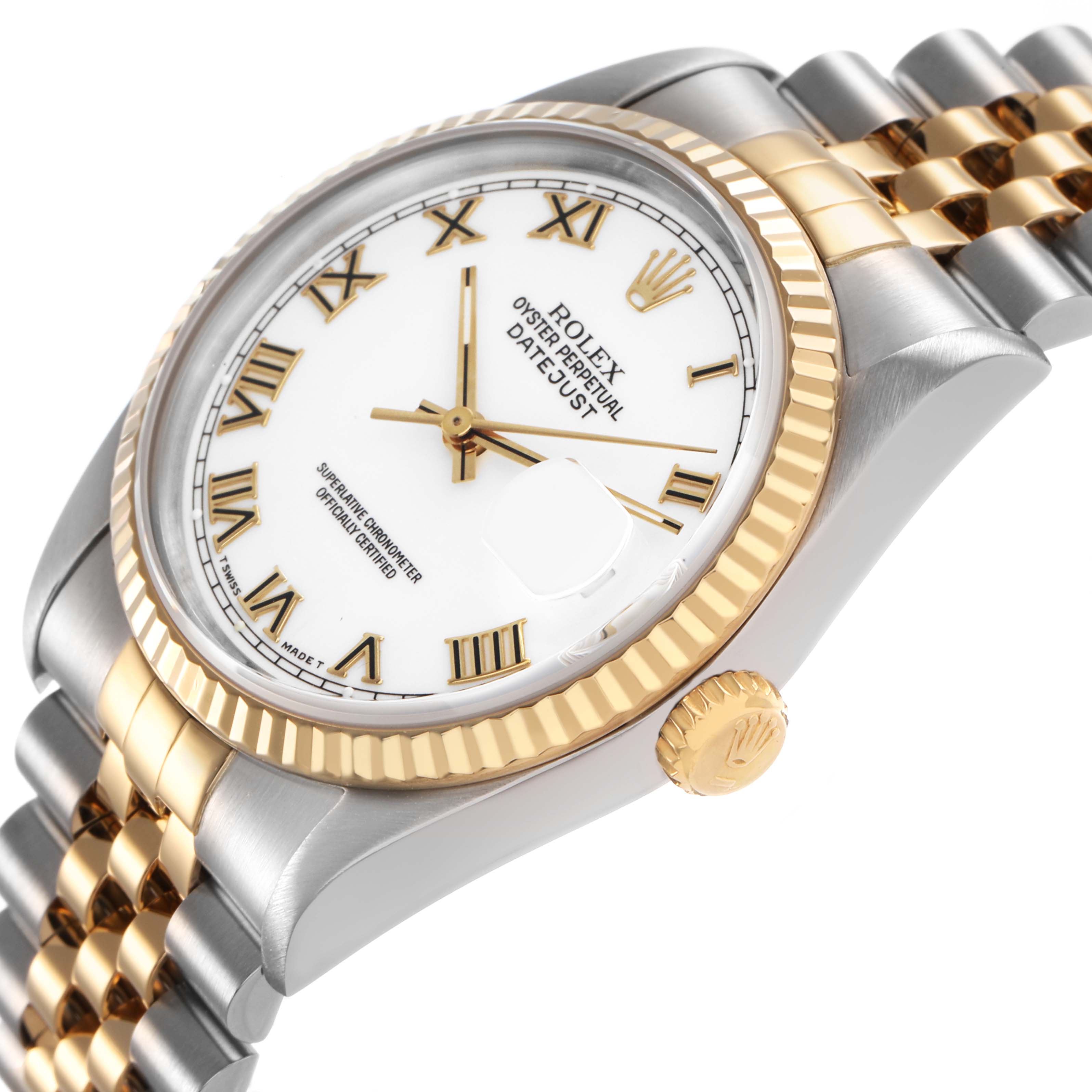 The Rolex Datejust 16233 Men's Steel and Gold (two tone) White Dial watch is shown at a slight side angle, highlighting the bezel, crown, dial, and bracelet.