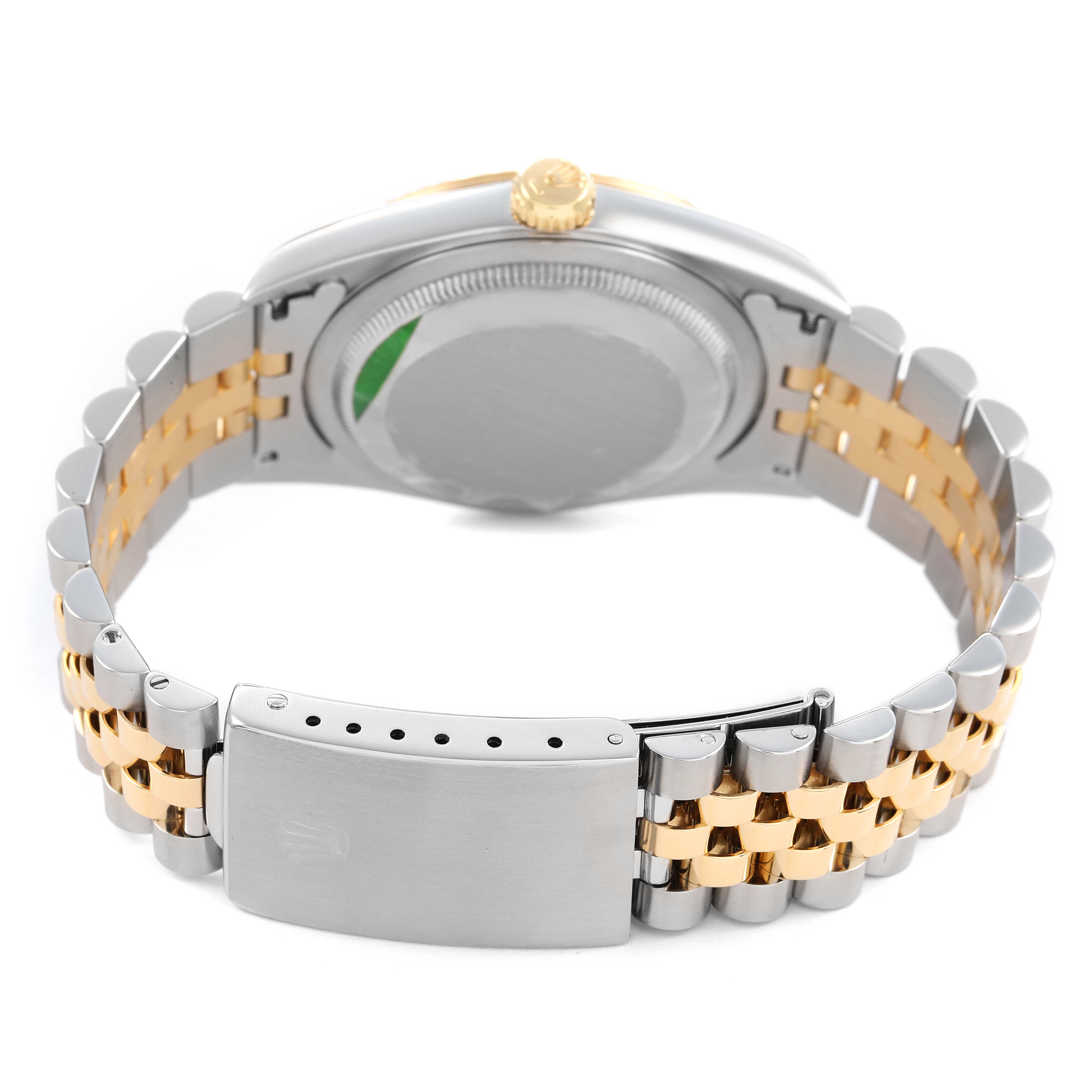 The image shows the back and side of a Rolex Datejust 16233 Men's Steel and Gold (two tone) White Dial, highlighting the two-tone bracelet, clasp, and case back.