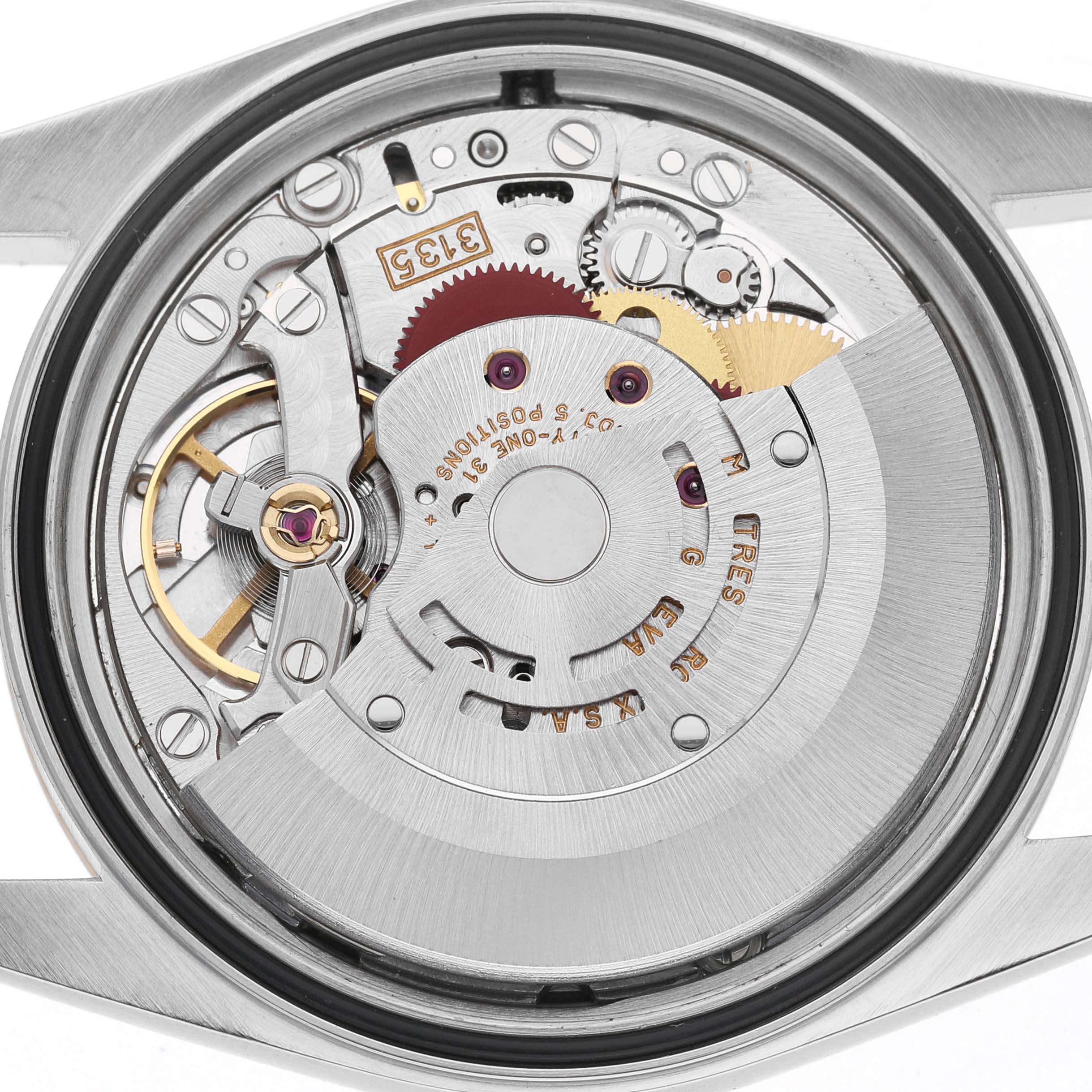 The image shows the open case back view of a Rolex Datejust 16233 Men's Steel and Gold (two tone) White Dial, highlighting the movement and inner mechanisms.