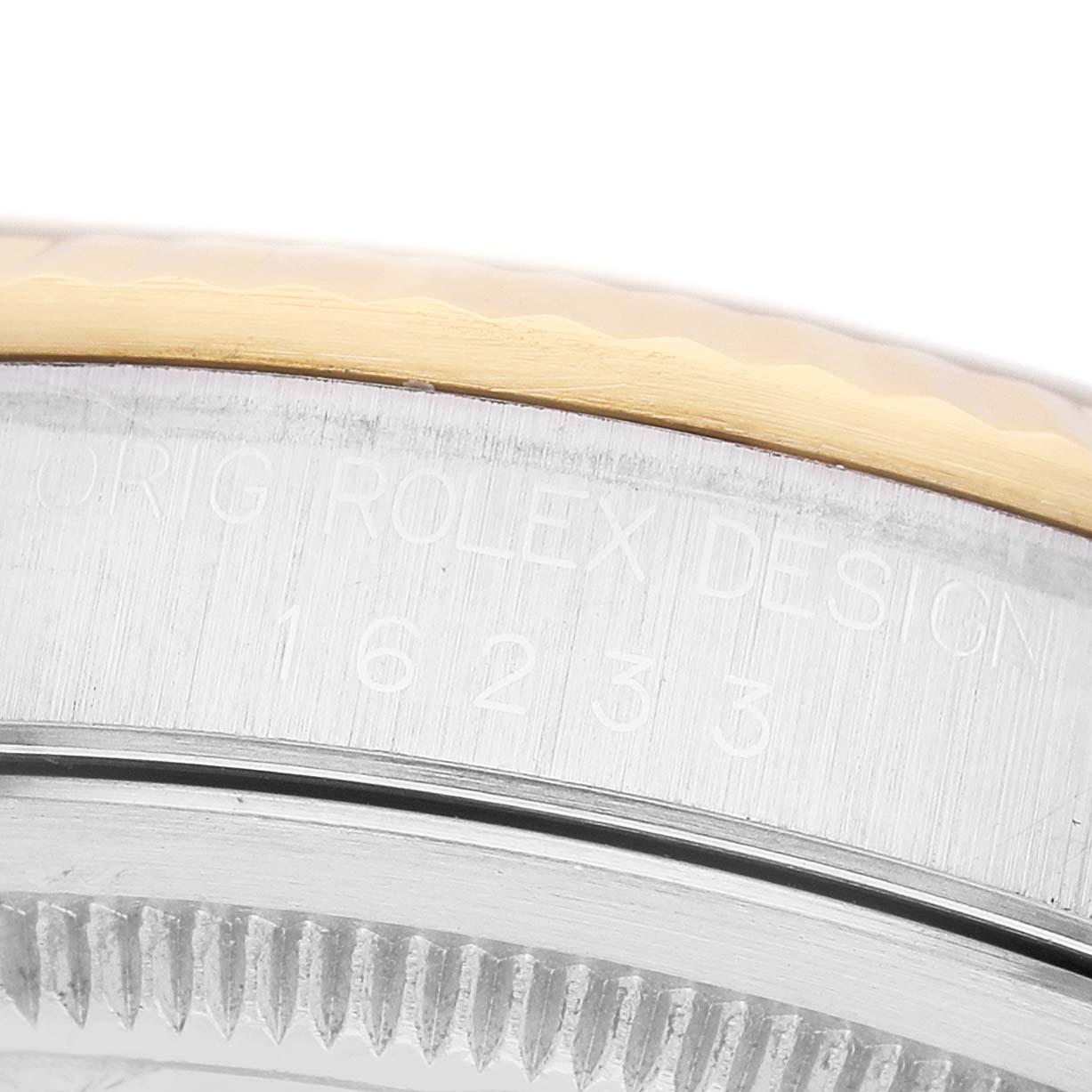 The image shows a close-up of the case side and bezel of a Rolex Datejust 16233 Men's Steel and Gold (two tone) White Dial, highlighting the model number engraving.