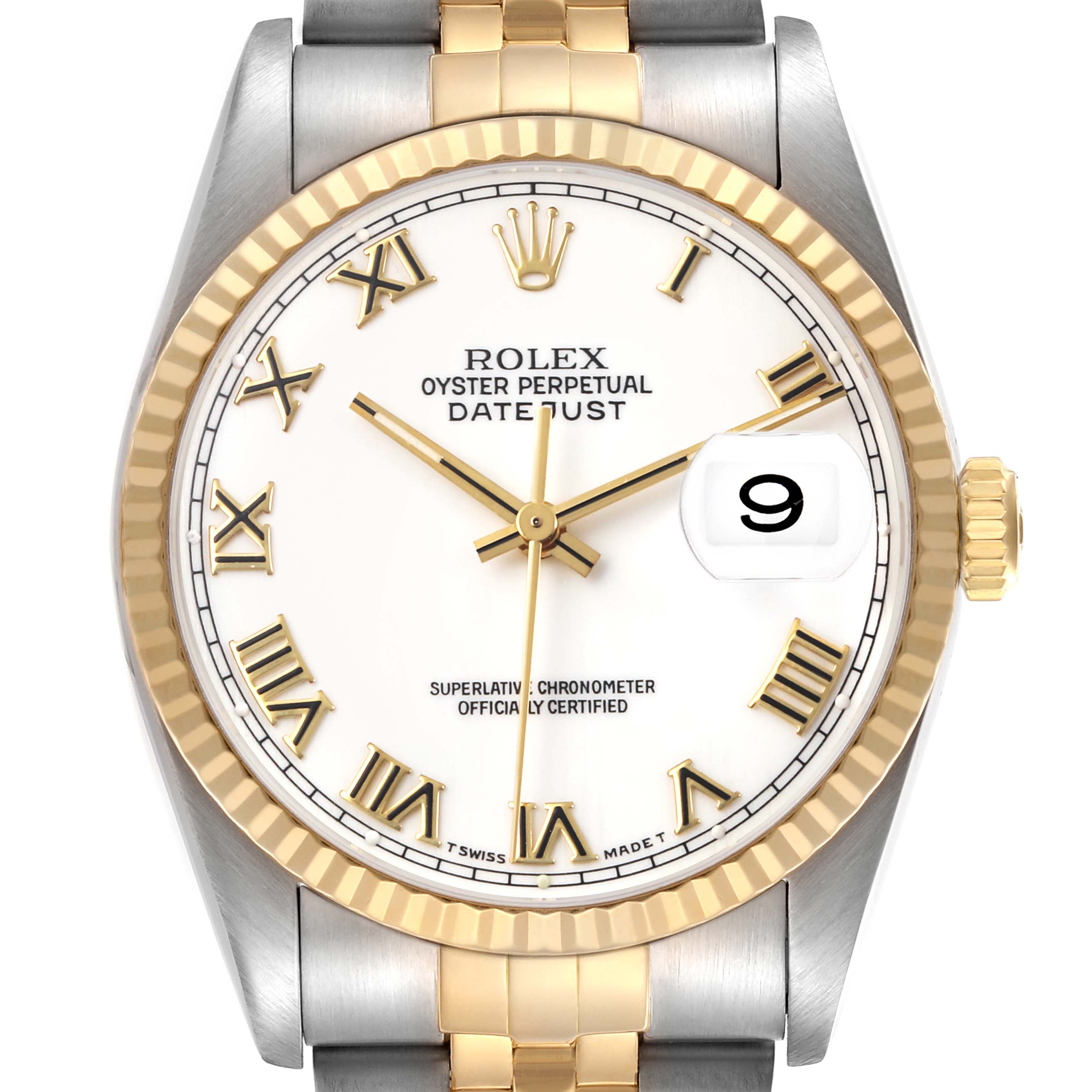 The Rolex Datejust 16233 Men's Steel and Gold (two tone) White Dial watch is shown from a front angle, highlighting the dial, fluted bezel, and partial bracelet.