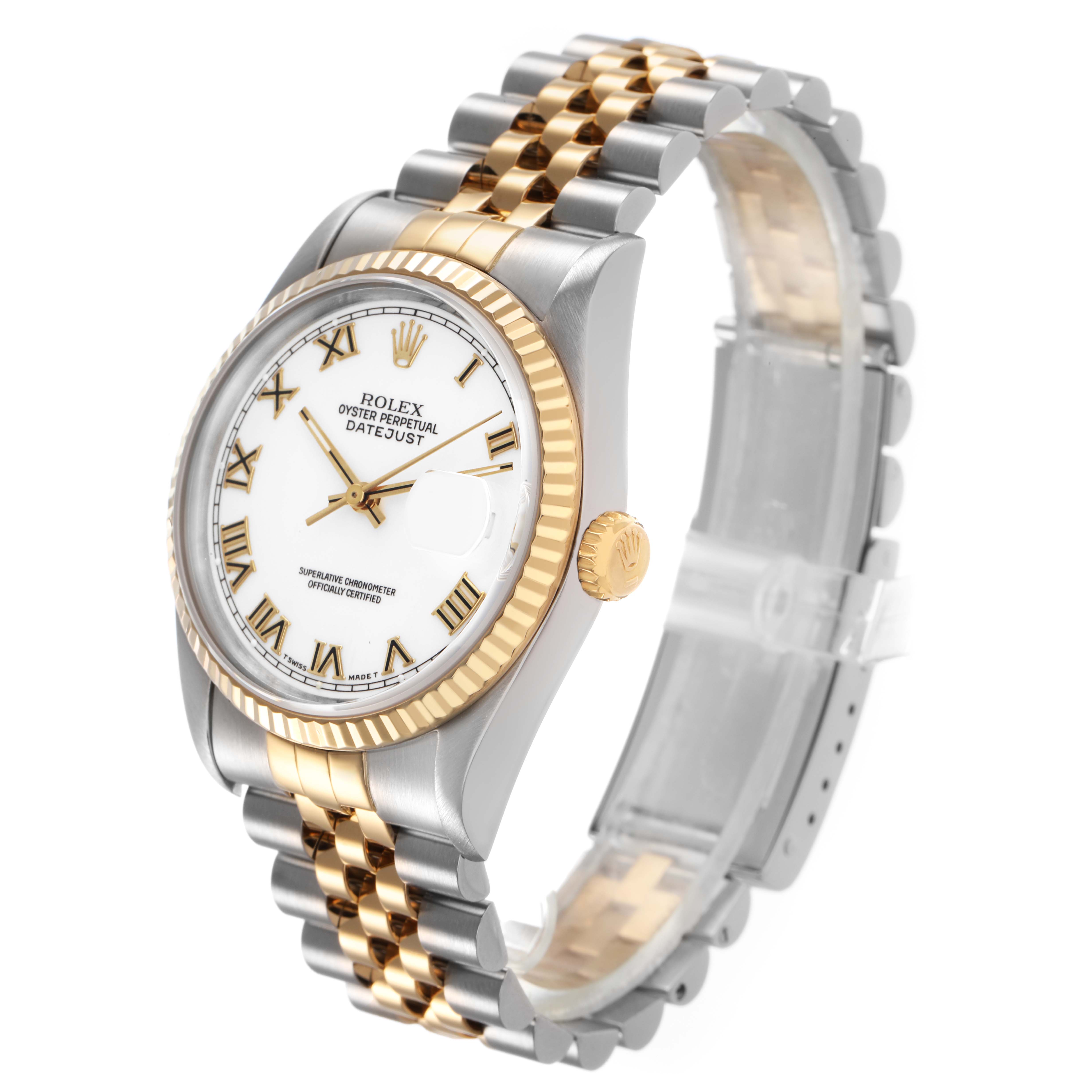 The Rolex Datejust 16233 Men's Steel and Gold (two tone) White Dial watch is shown at an angle highlighting its fluted bezel, Roman numerals, and Jubilee bracelet.