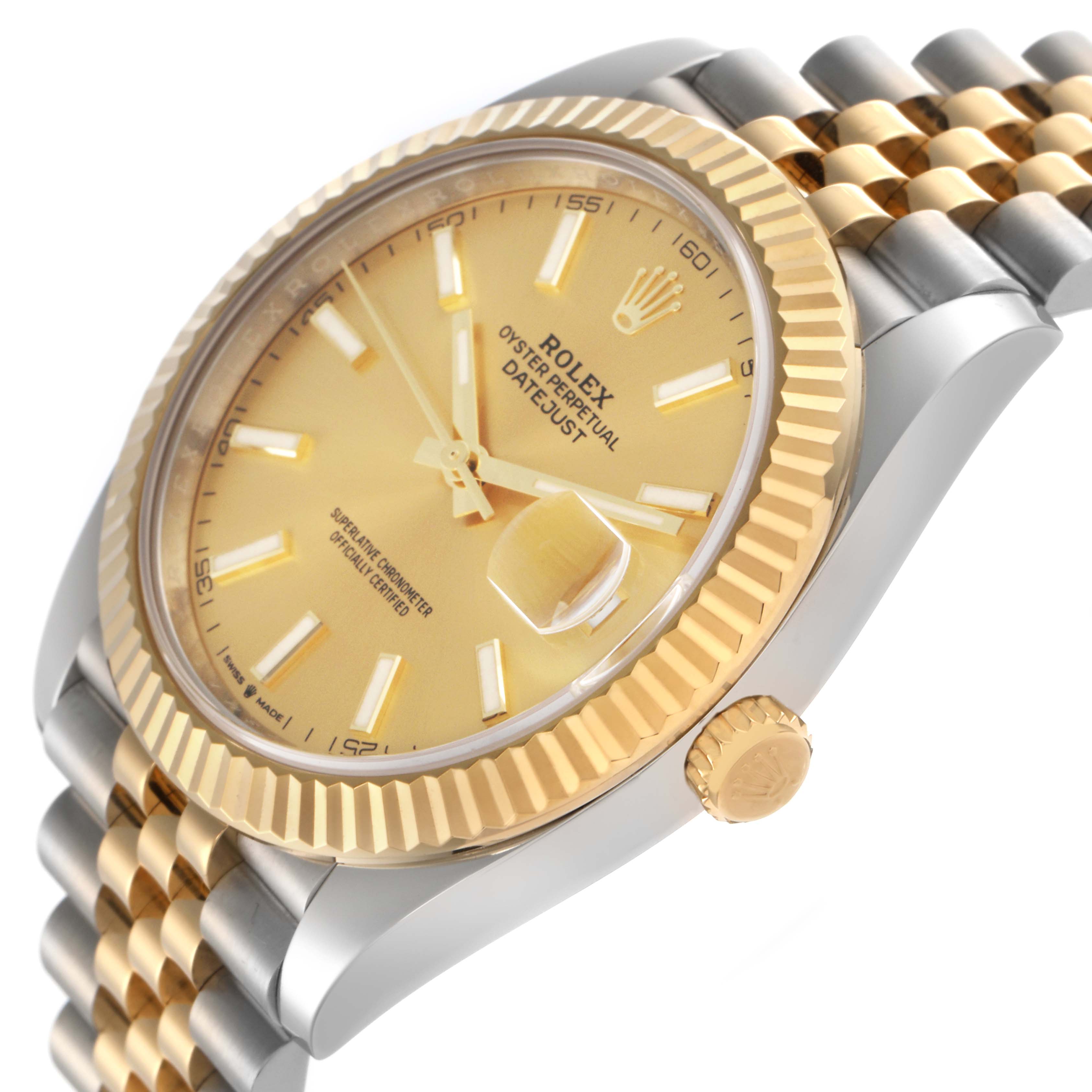 The Rolex Datejust 41 126333 Men's Steel and Gold (two tone) Champagne Dial 126333 Men's Steel and Gold (two tone) Champagne Dial is shown at a side angle featuring the dial, fluted bezel, cyclops lens, crown, and two-tone Jubilee bracelet.
