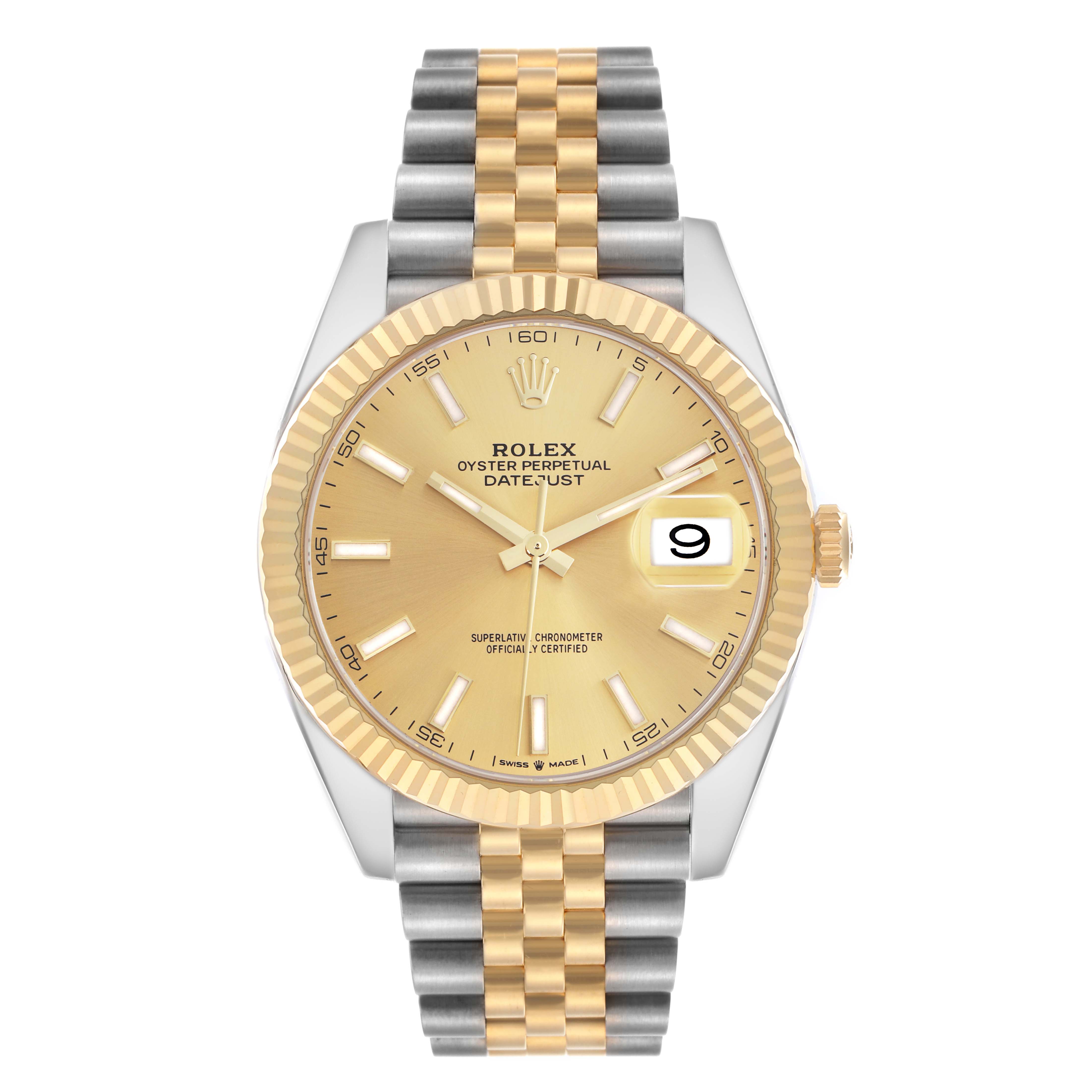 The Rolex Datejust 41 126333 Men's Steel and Gold (two tone) Champagne Dial 126333 Men's Steel and Gold (two tone) Champagne Dial is shown from a front angle, highlighting the dial, fluted bezel, and Jubilee bracelet.