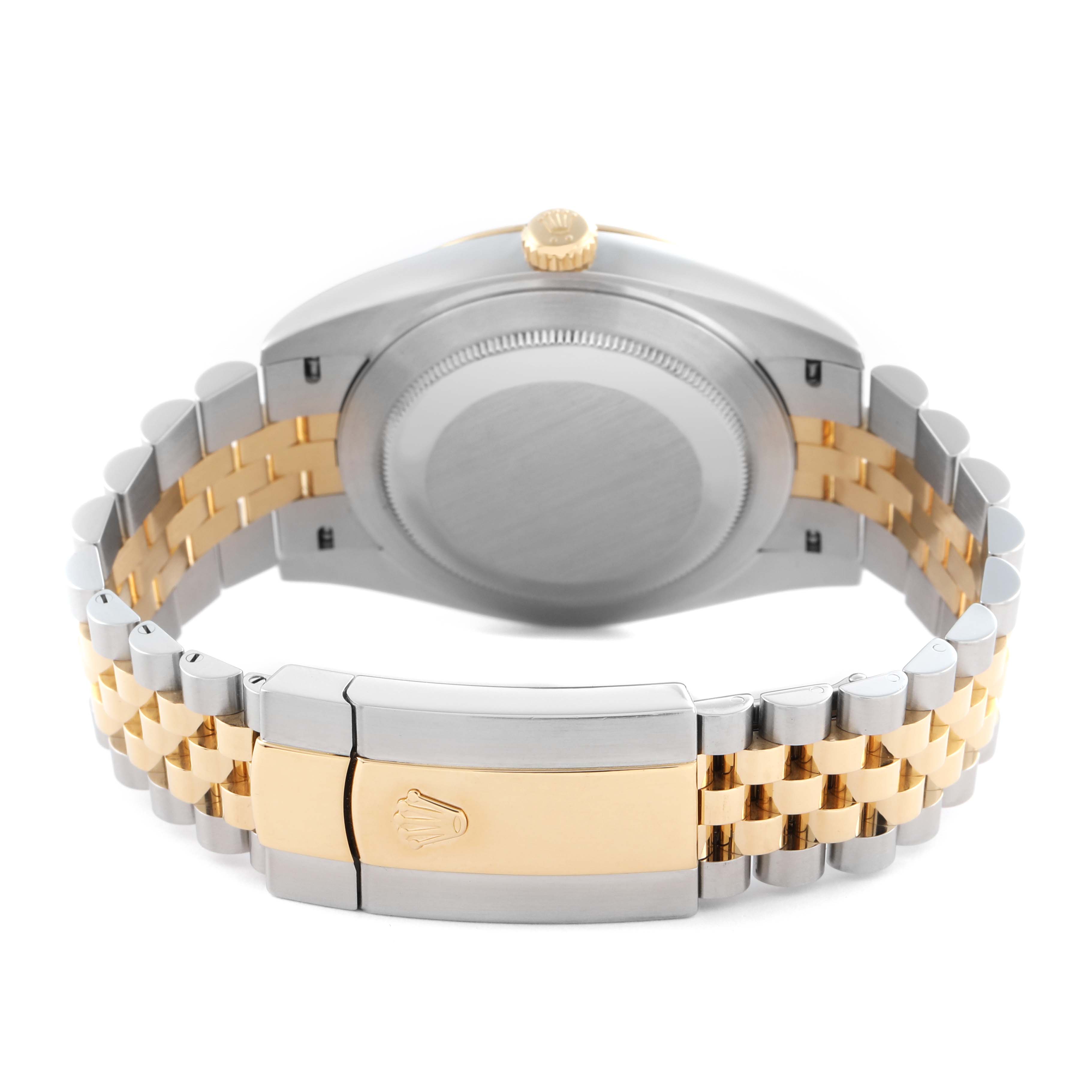 The image shows the Rolex Datejust 41 126333 Men's Steel and Gold (two tone) Champagne Dial 126333 Men's Steel and Gold (two tone) Champagne Dial's back case and two-tone bracelet from a rear angle.