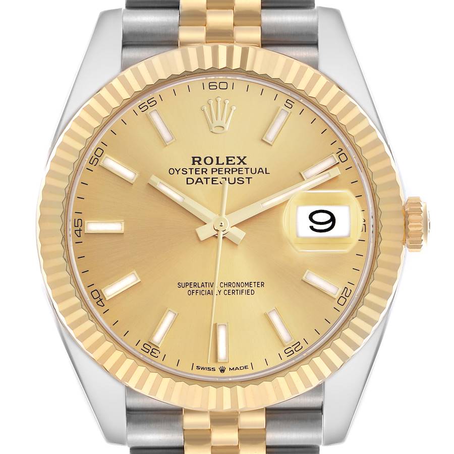 The image shows a front view of a Rolex Datejust 41, highlighting its gold dial, bezel, and the two-tone bracelet.