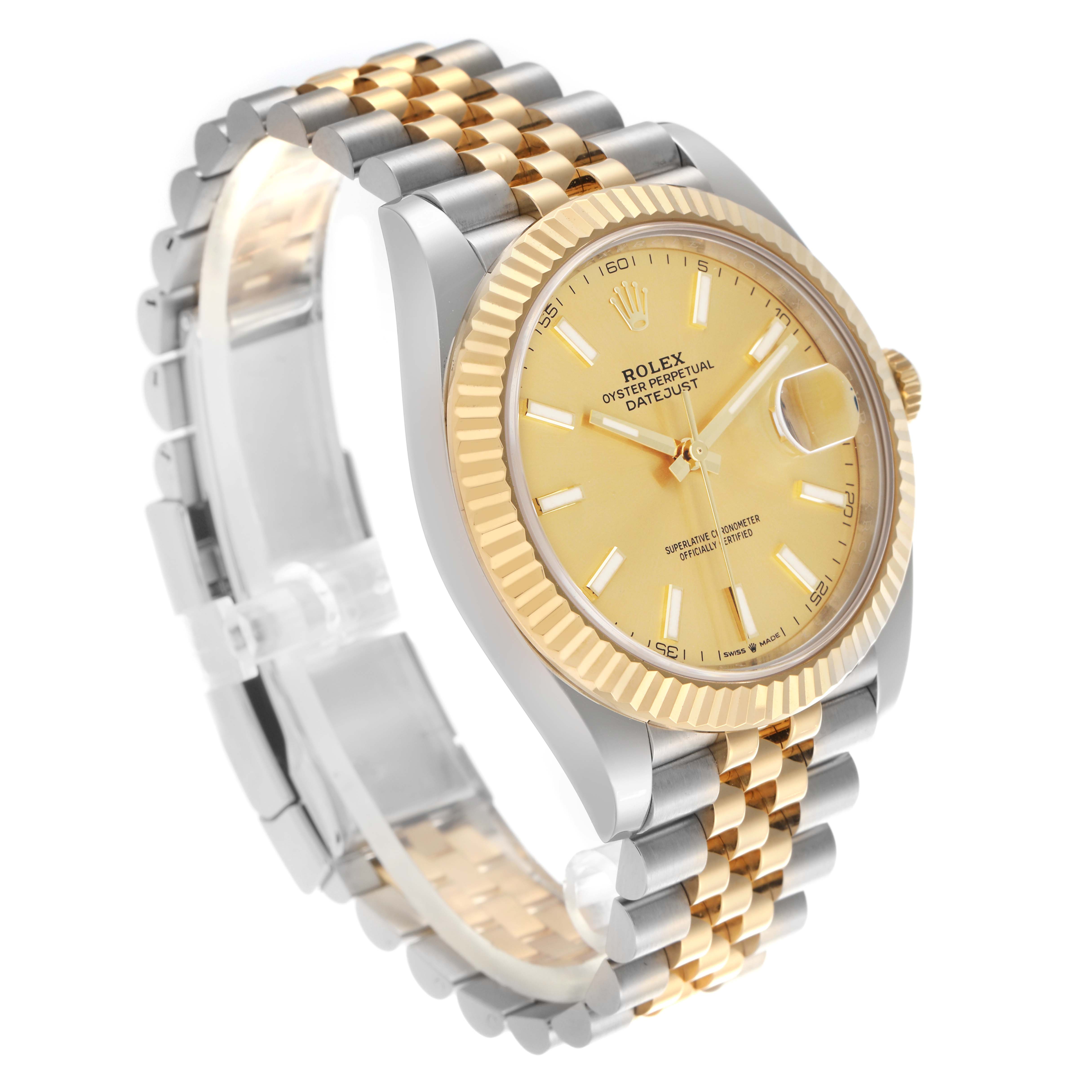 The Rolex Datejust 41 126333 Men's Steel and Gold (two tone) Champagne Dial 126333 Men's Steel and Gold (two tone) Champagne Dial is shown at a three-quarter angle, highlighting the gold dial, fluted bezel, and two-tone Jubilee bracelet.